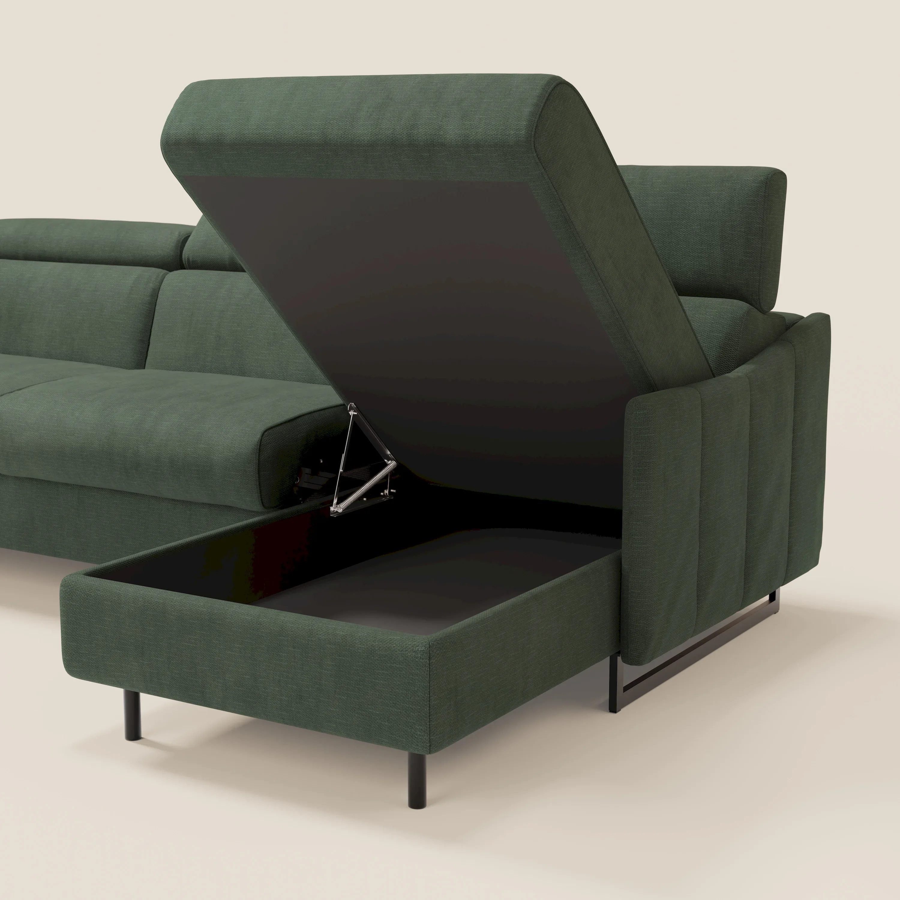 Loto Canapé d'angle convertible avec chaise longue coffre, têtières et matelas H 18 cm en tissu doux imperméable T14 vert - Image 5