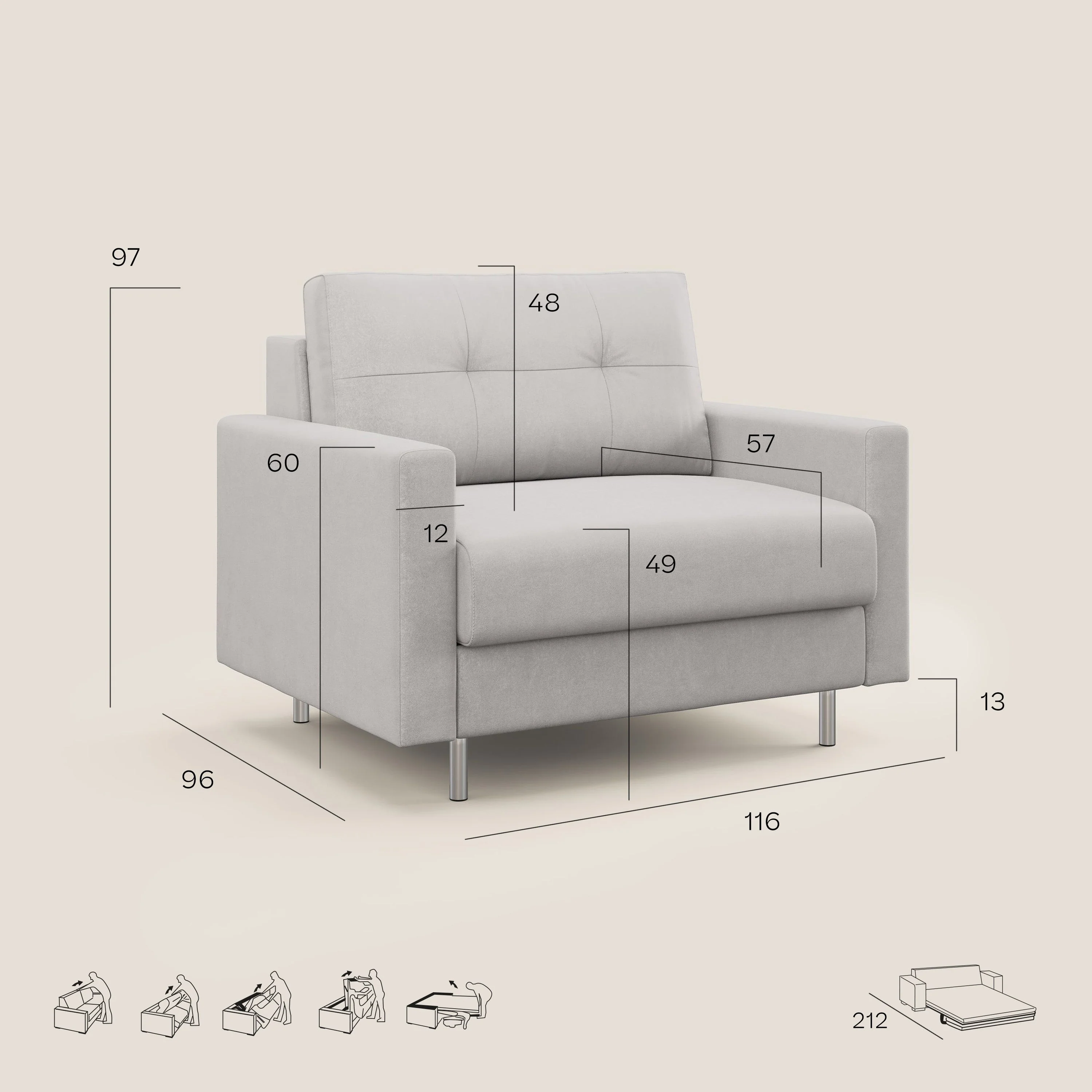 Megan fauteuil convertible en microfibre détachable T11 Taupe tortora - Image 9