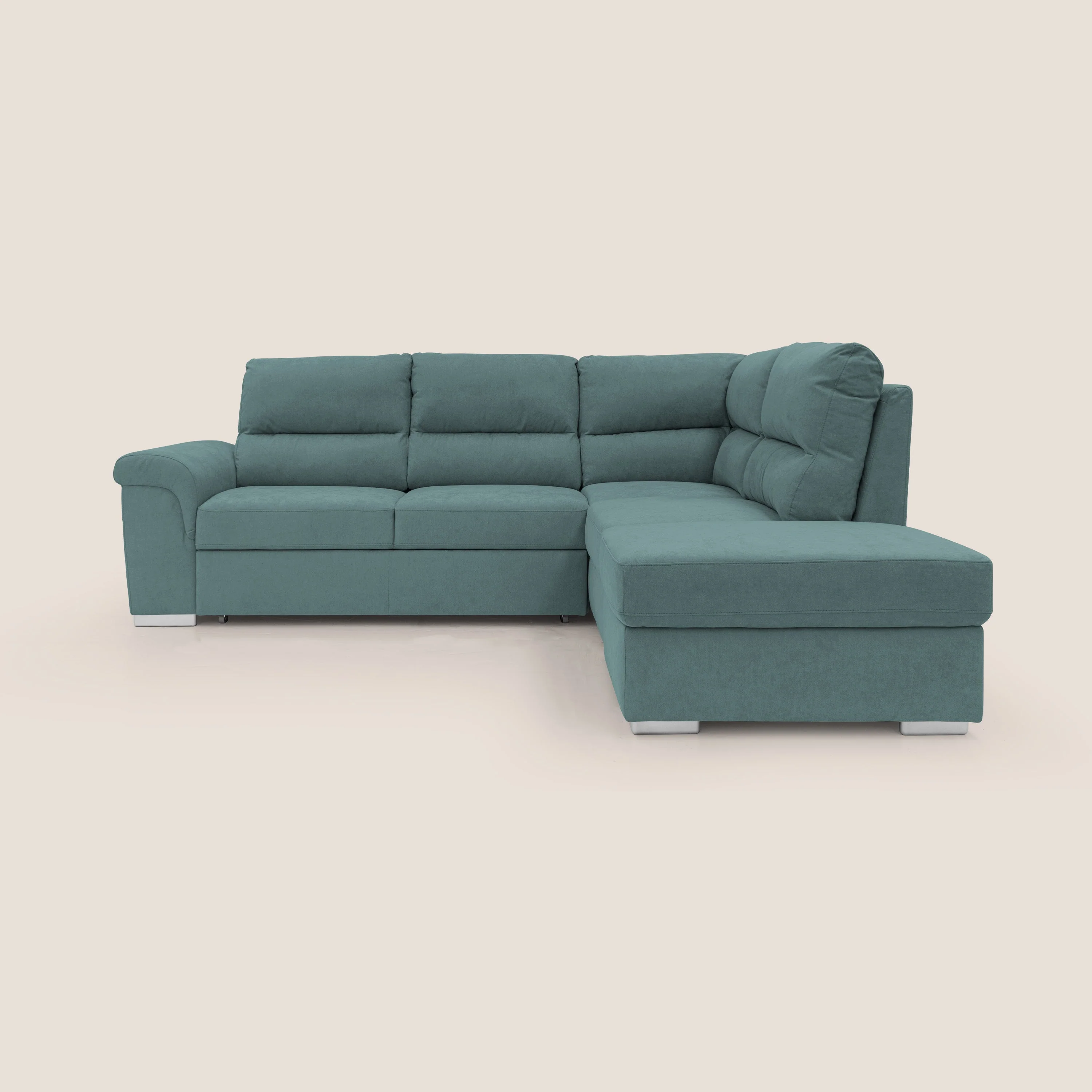 Minerva canapé d'angle avec angle et pouf extractible en tissu doux imperméable T02 bleu canard