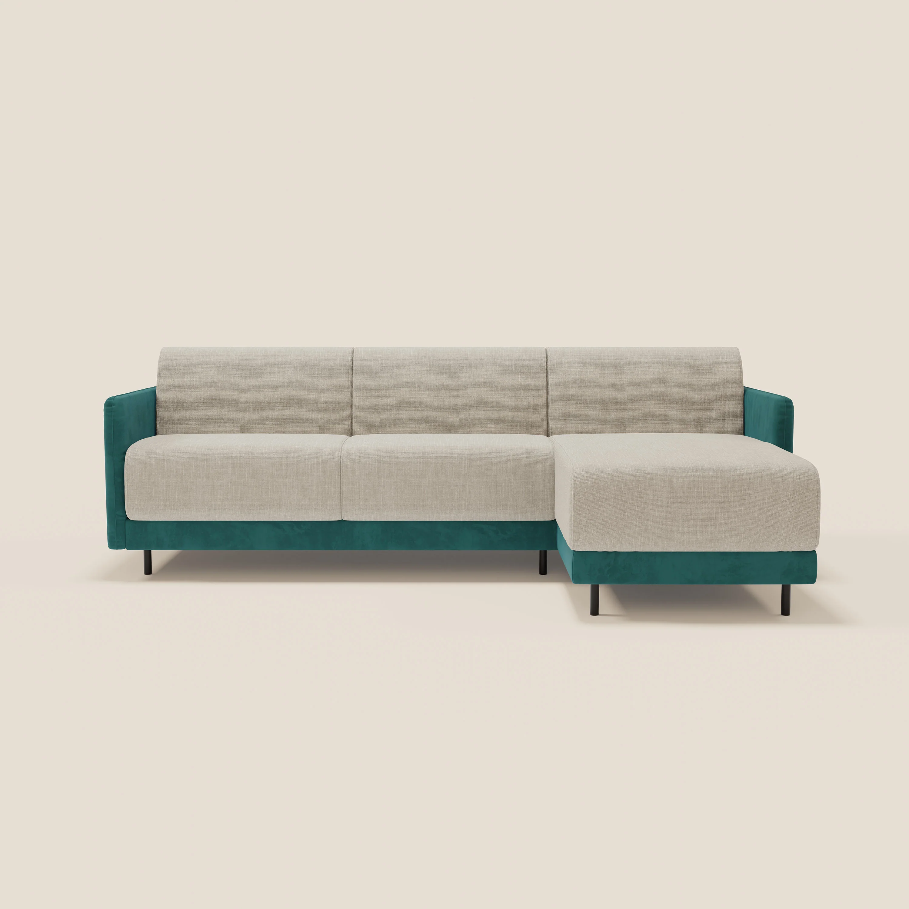 Narciso canapé d'angle convertible avec matelas H18 cm et chaise longue coffre en tissu bicouleur T11 et T06 bleu canard - crème