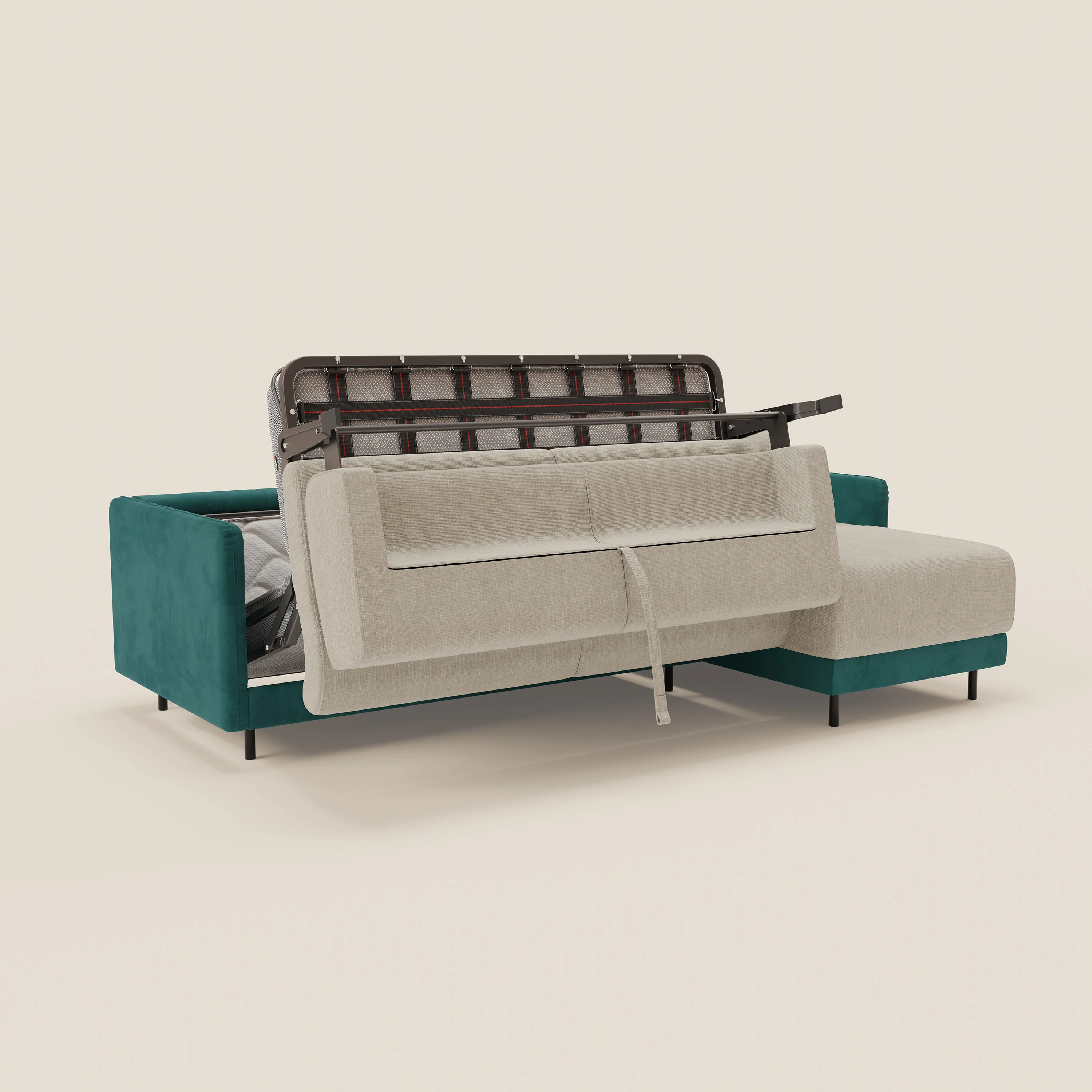 Narciso canapé d'angle convertible avec matelas H18 cm et chaise longue coffre en tissu bicouleur T11 et T06 bleu canard - crème - Image 10