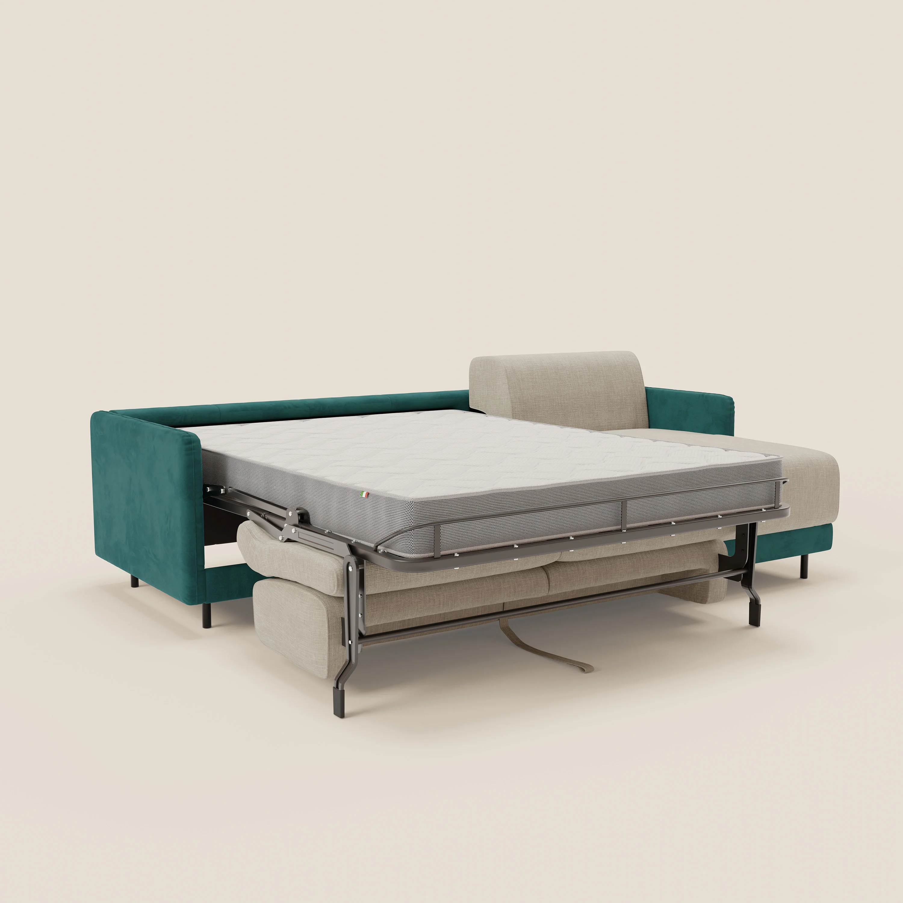 Narciso canapé d'angle convertible avec matelas H18 cm et chaise longue coffre en tissu bicouleur T11 et T06 bleu canard - crème - Image 11