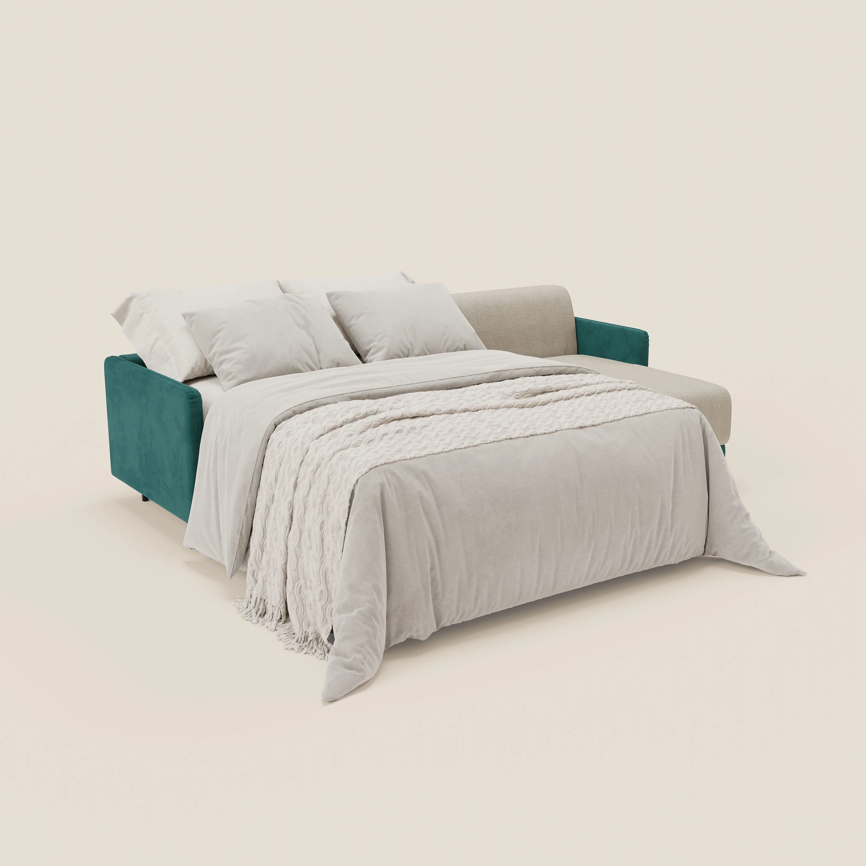 Narciso canapé d'angle convertible avec matelas H18 cm et chaise longue coffre en tissu bicouleur T11 et T06 bleu canard - crème - Image 2