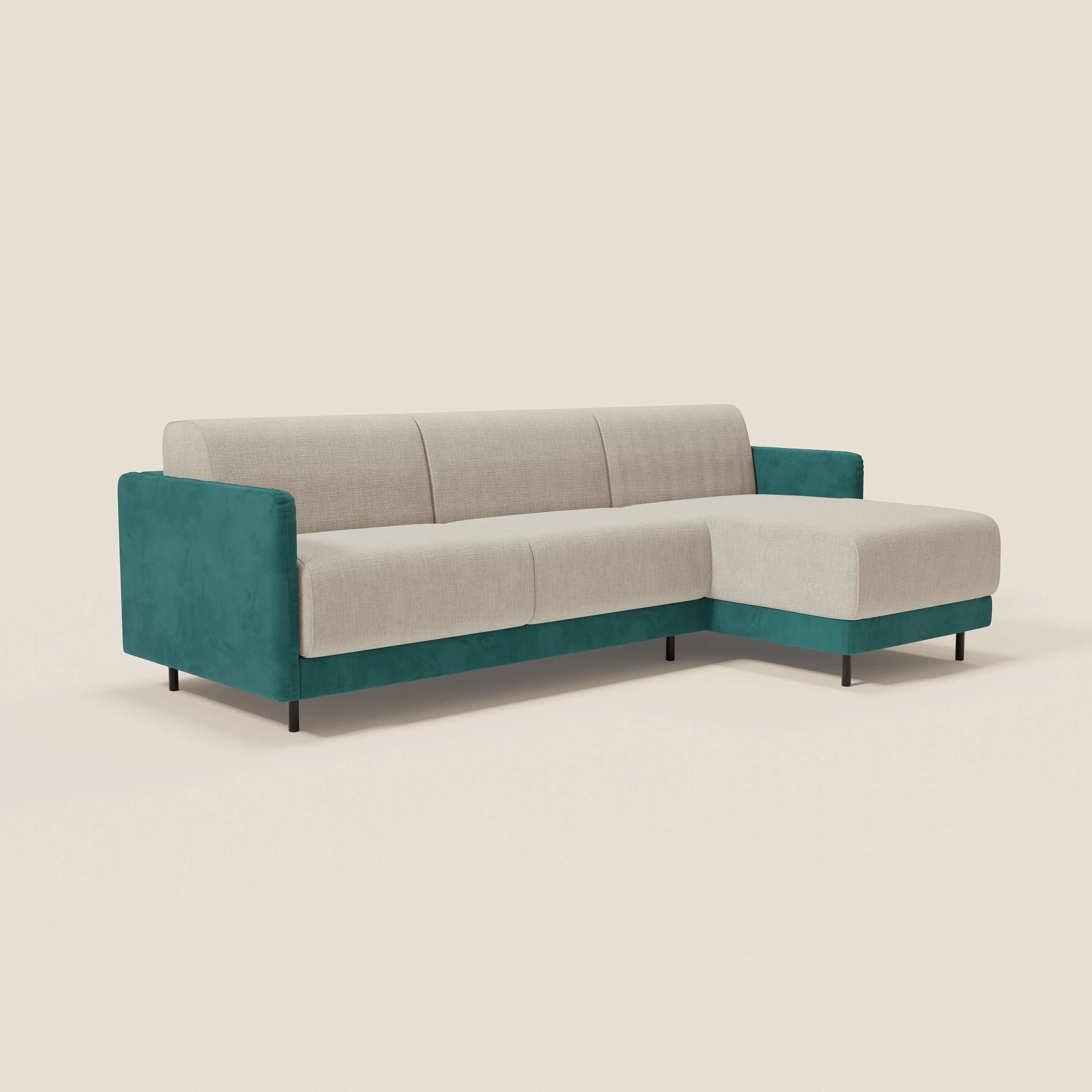 Narciso canapé d'angle convertible avec matelas H18 cm et chaise longue coffre en tissu bicouleur T11 et T06 bleu canard - crème - Image 3