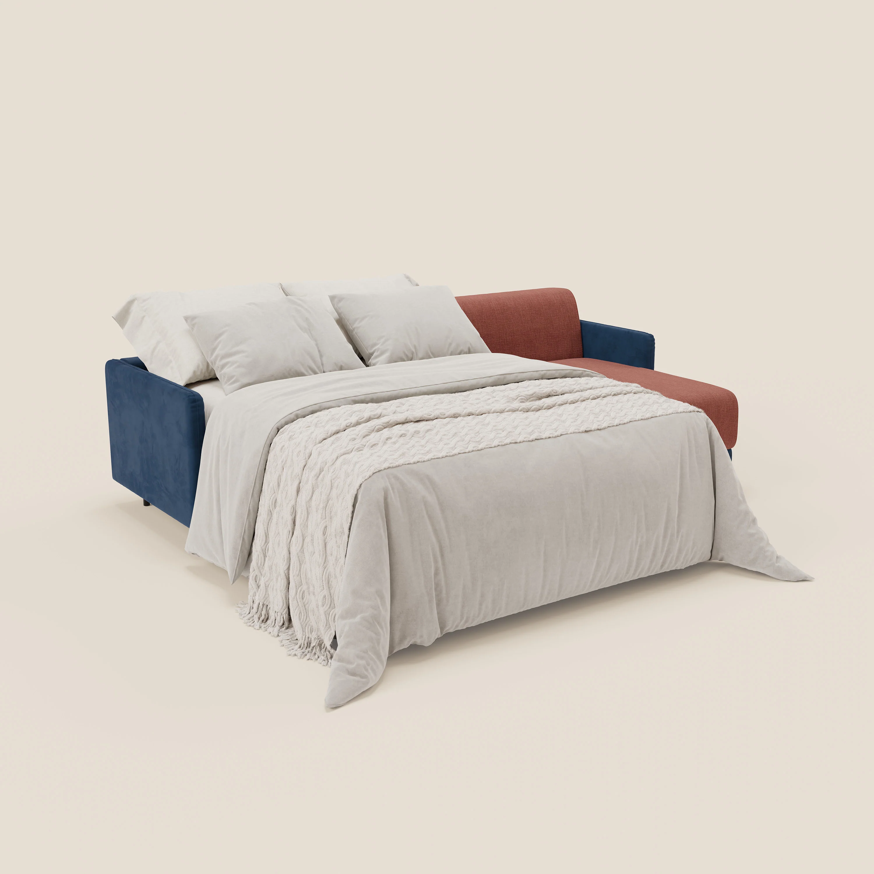 Narciso canapé d'angle convertible avec matelas H18 cm et chaise longue coffre en tissu bicouleur T11 et T06 bleu - corail - Image 2