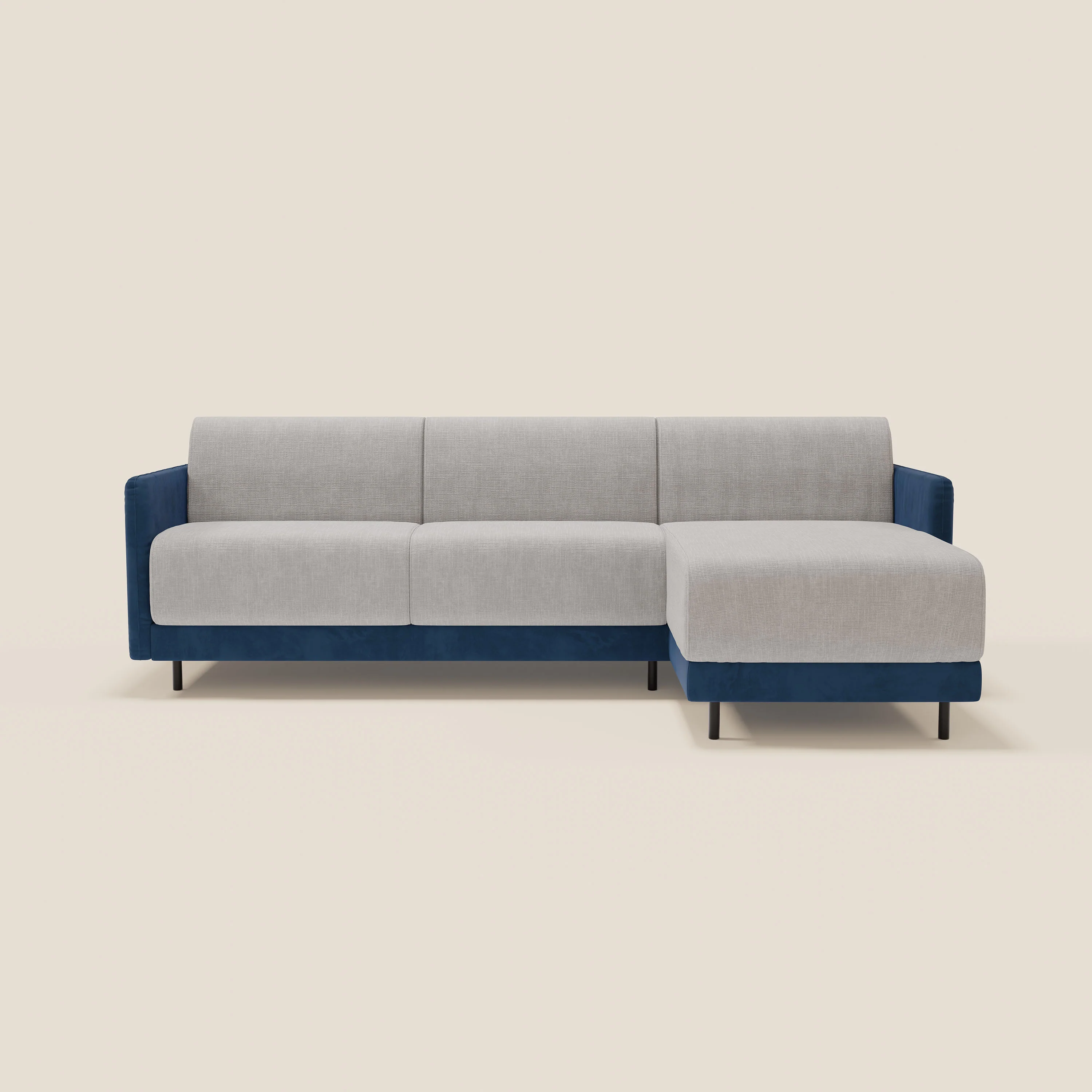 Narciso canapé d'angle convertible avec matelas H18 cm et chaise longue coffre en tissu bicouleur T11 et T06 bleu - gris clair