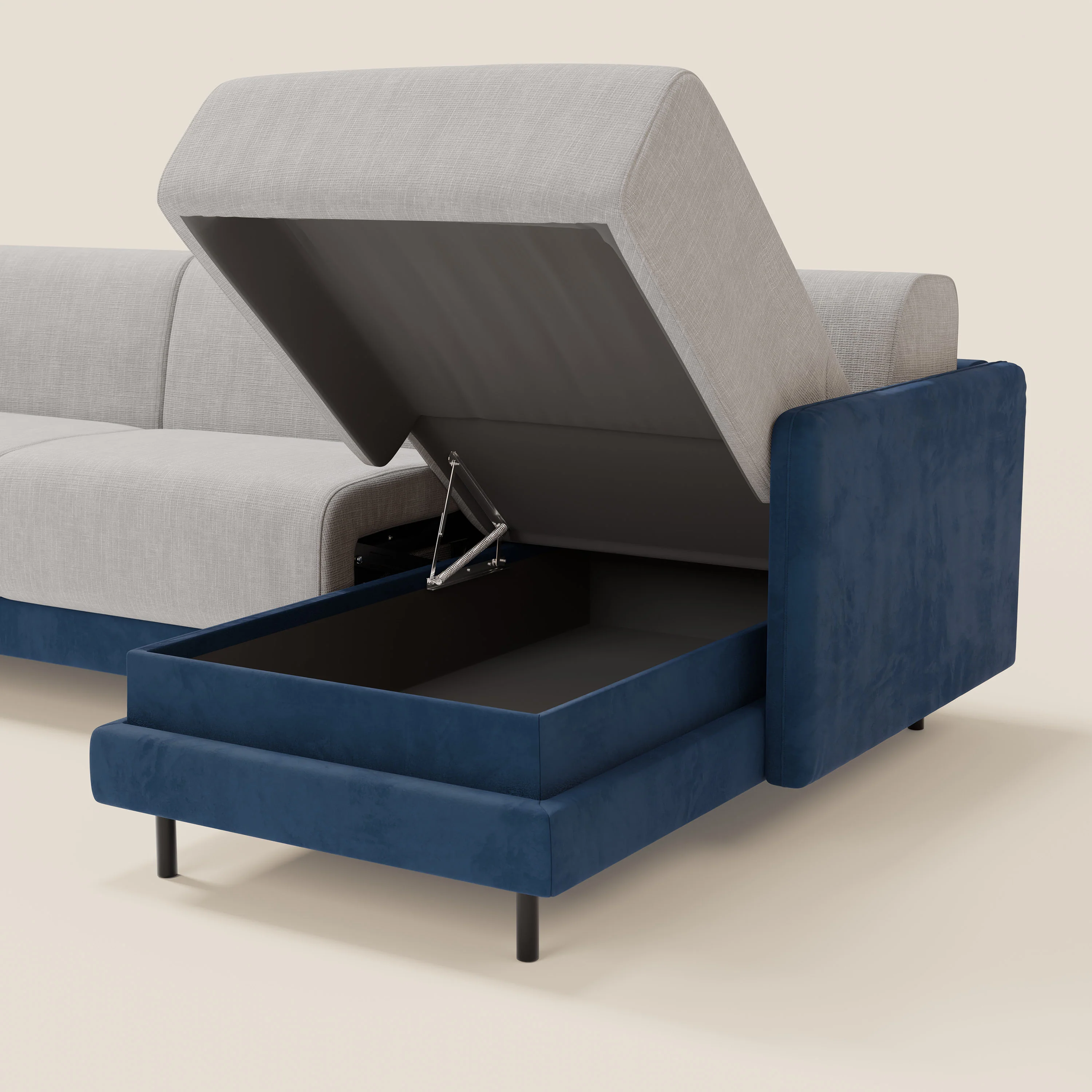 Narciso canapé d'angle convertible avec matelas H18 cm et chaise longue coffre en tissu bicouleur T11 et T06 bleu - gris clair - Image 5
