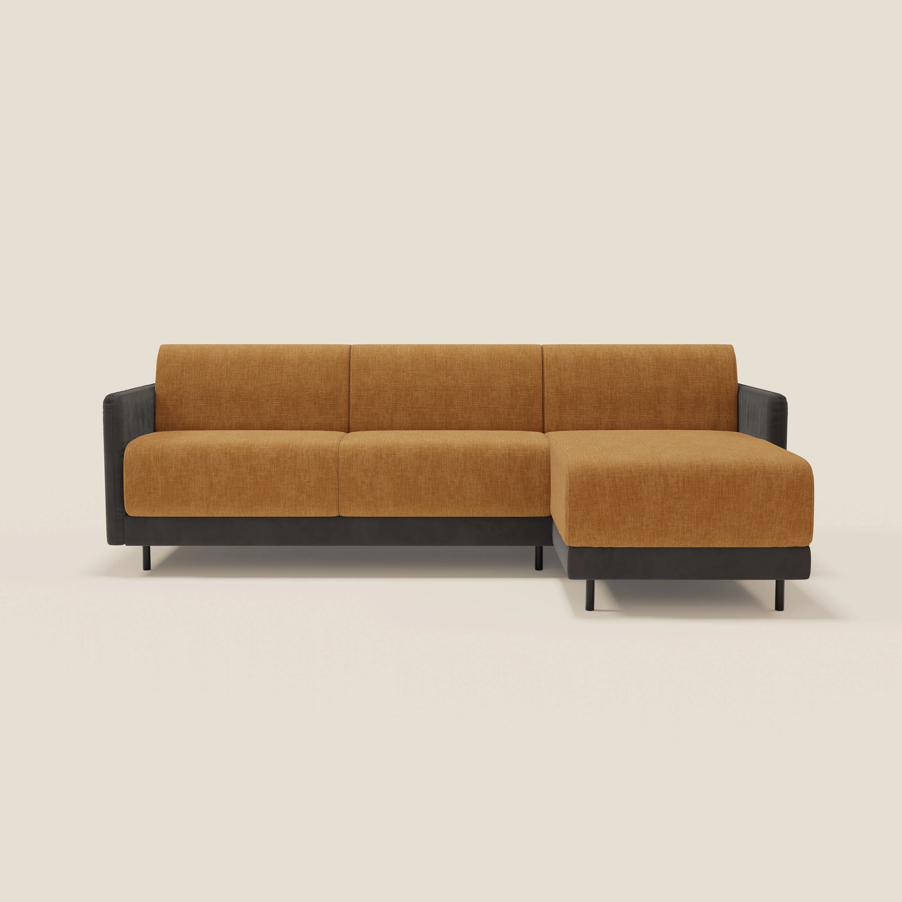 Narciso canapé d'angle convertible avec matelas H18 cm et chaise longue coffre en tissu bicouleur T11 et T06 noir - ocre