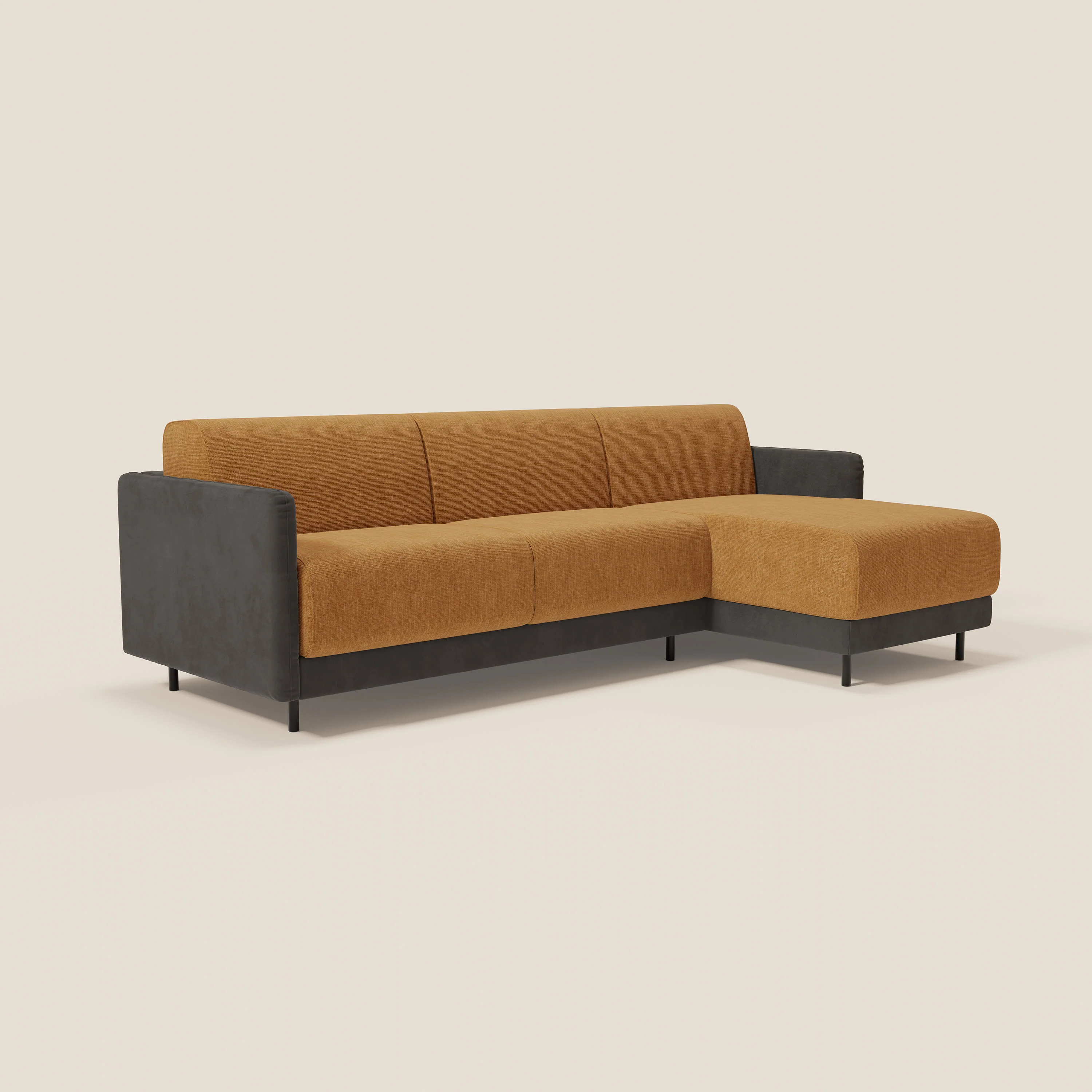 Narciso canapé d'angle convertible avec matelas H18 cm et chaise longue coffre en tissu bicouleur T11 et T06 noir - ocre - Image 10