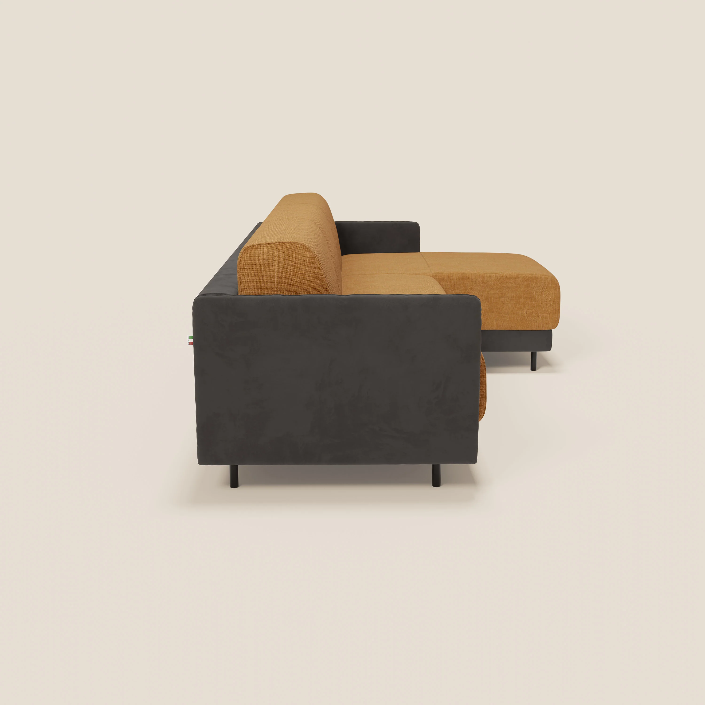 Narciso canapé d'angle convertible avec matelas H18 cm et chaise longue coffre en tissu bicouleur T11 et T06 noir - ocre - Image 7