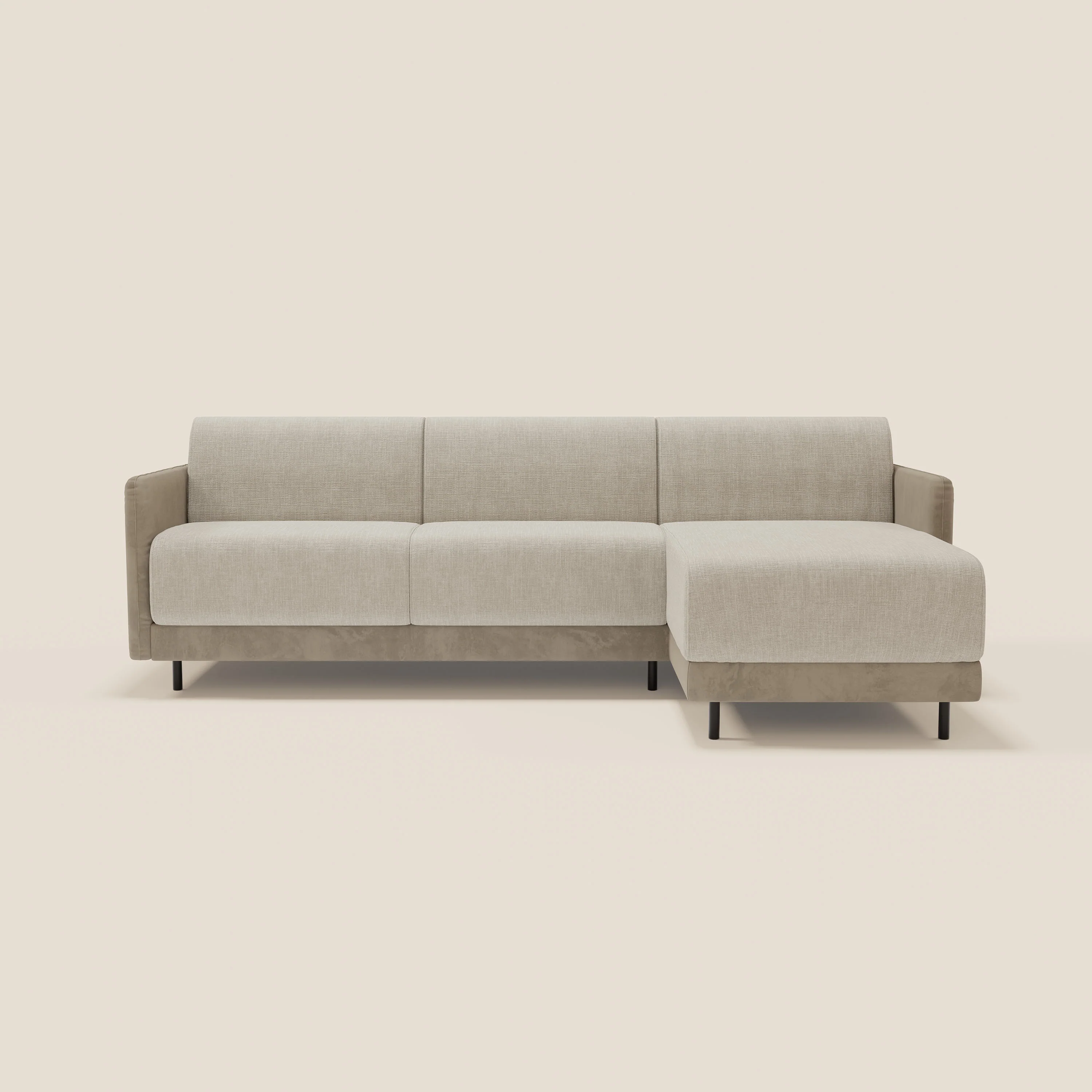 Narciso canapé d'angle convertible avec matelas H18 cm et chaise longue coffre en tissu bicouleur T11 et T06 taupe - crème