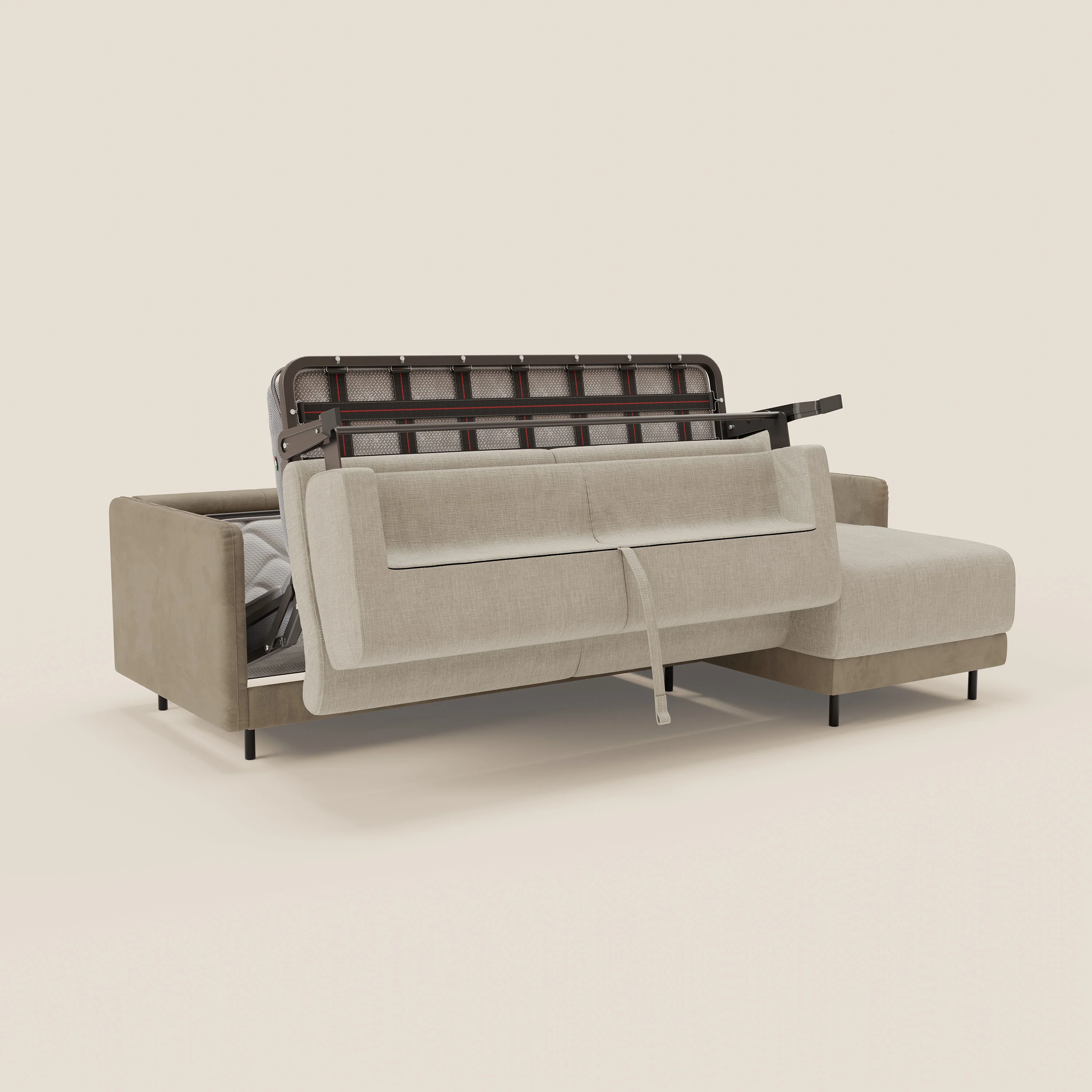 Narciso canapé d'angle convertible avec matelas H18 cm et chaise longue coffre en tissu bicouleur T11 et T06 taupe - crème - Image 10