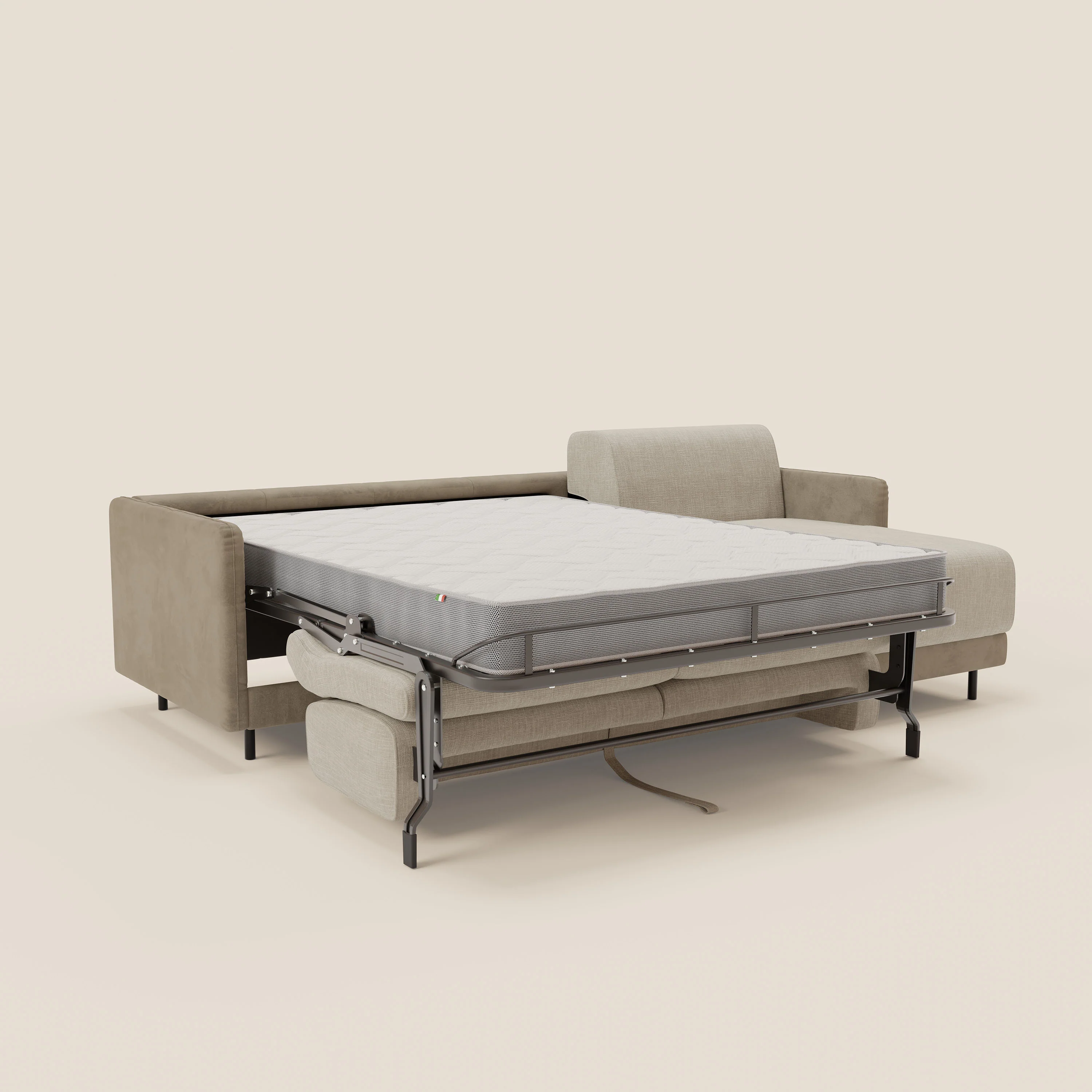 Narciso canapé d'angle convertible avec matelas H18 cm et chaise longue coffre en tissu bicouleur T11 et T06 taupe - crème - Image 11