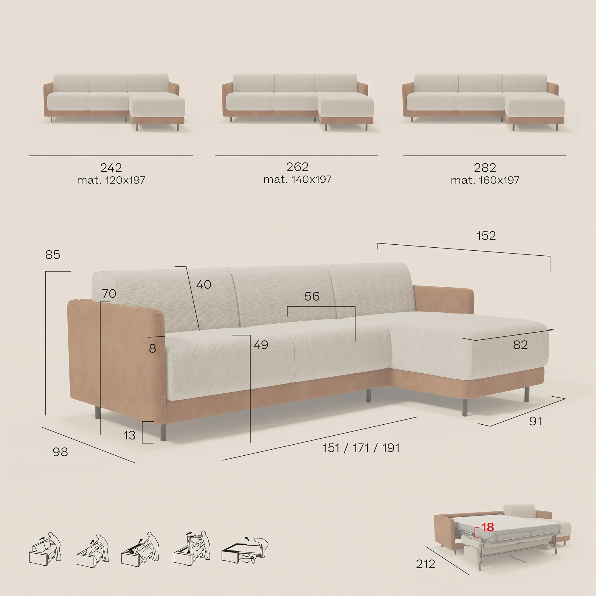 Narciso canapé d'angle convertible avec matelas H18 cm et chaise longue coffre en tissu bicouleur T11 et T06 taupe - crème - Image 14