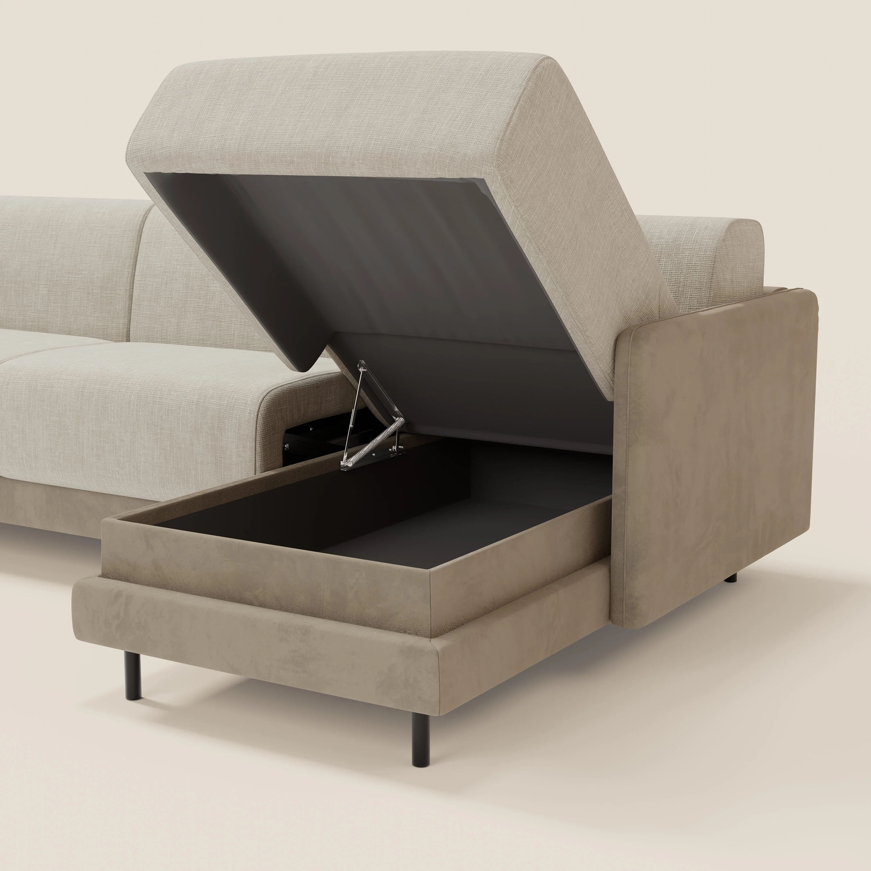 Narciso canapé d'angle convertible avec matelas H18 cm et chaise longue coffre en tissu bicouleur T11 et T06 taupe - crème - Image 5