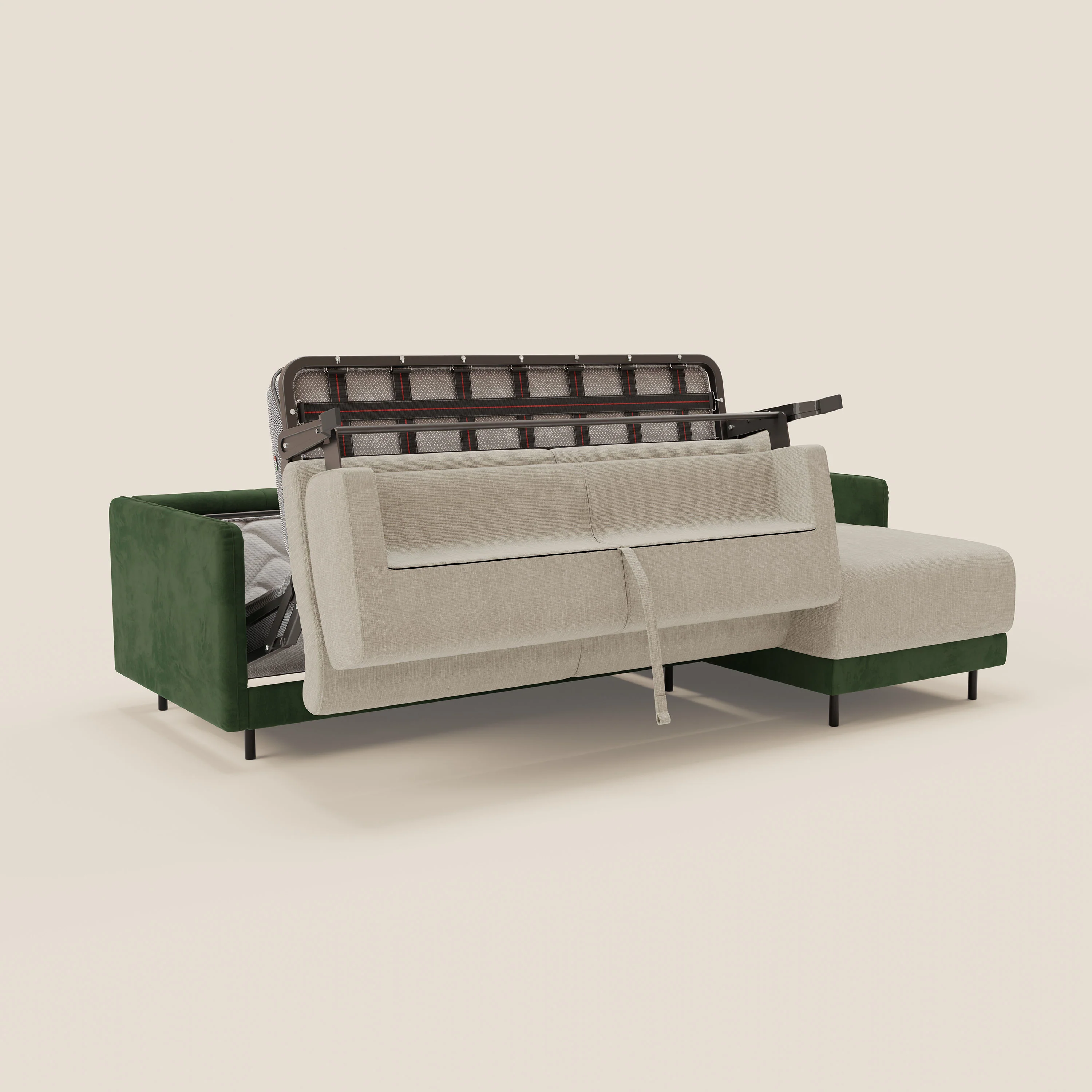 Narciso canapé d'angle convertible avec matelas H18 cm et chaise longue coffre en tissu bicouleur T11 et T06 vert - crème - Image 10