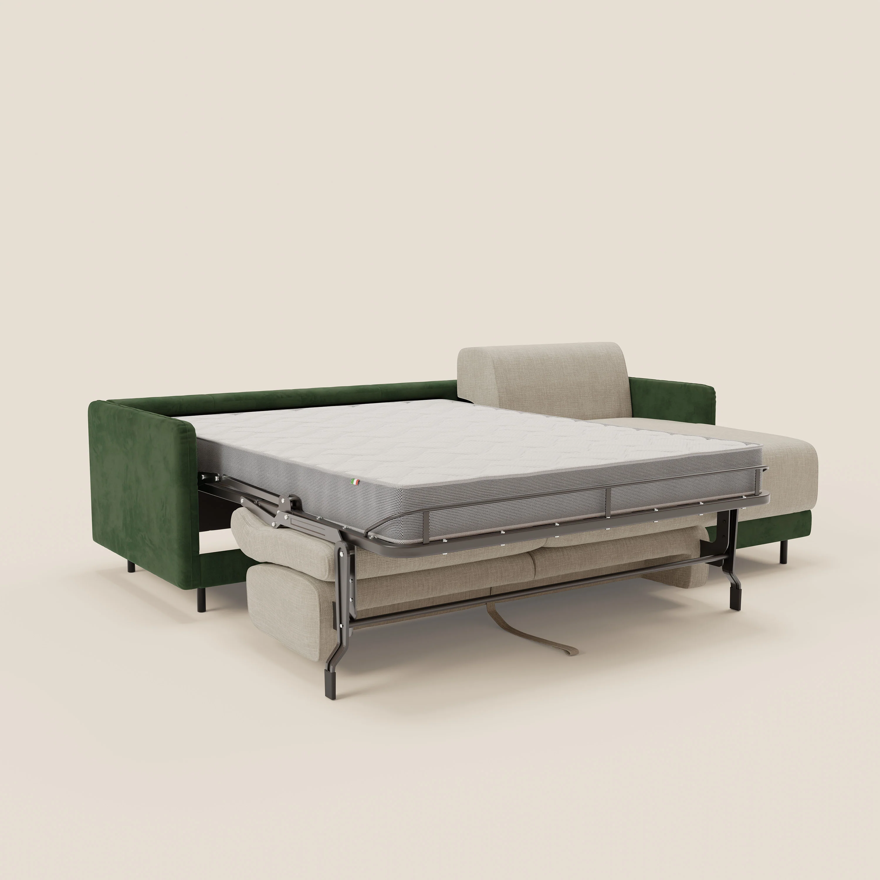 Narciso canapé d'angle convertible avec matelas H18 cm et chaise longue coffre en tissu bicouleur T11 et T06 vert - crème - Image 11