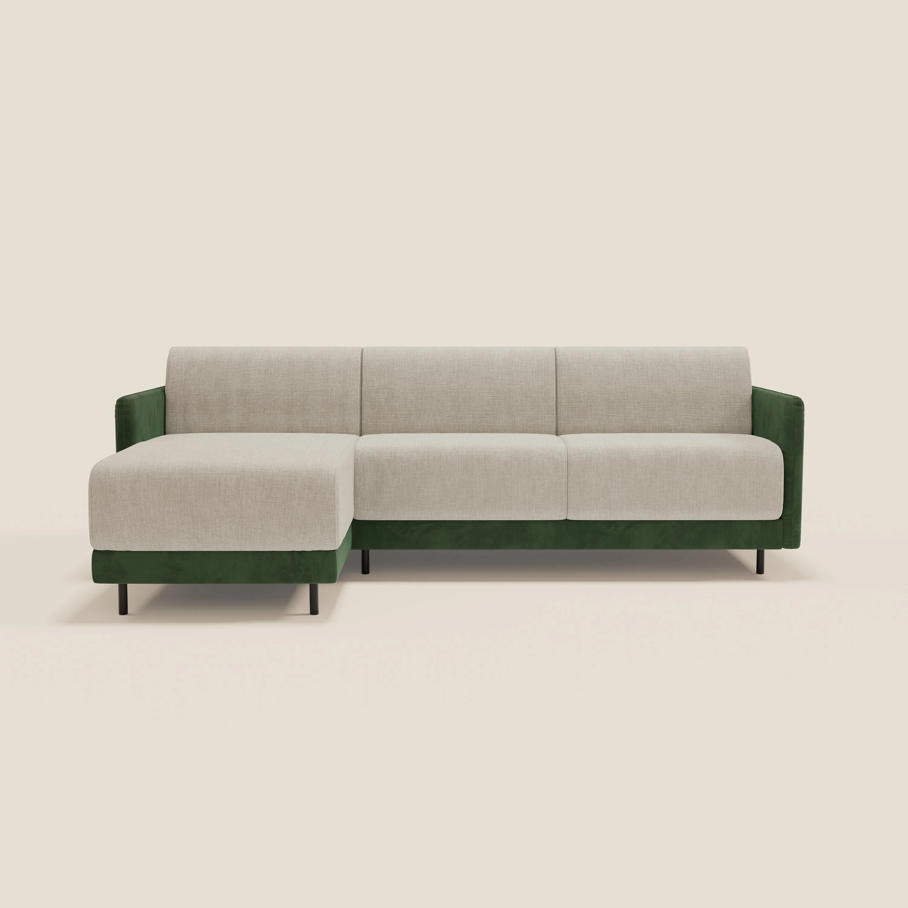 Narciso canapé d'angle convertible avec matelas H18 cm et chaise longue coffre en tissu bicouleur T11 et T06 vert - crème - Image 12