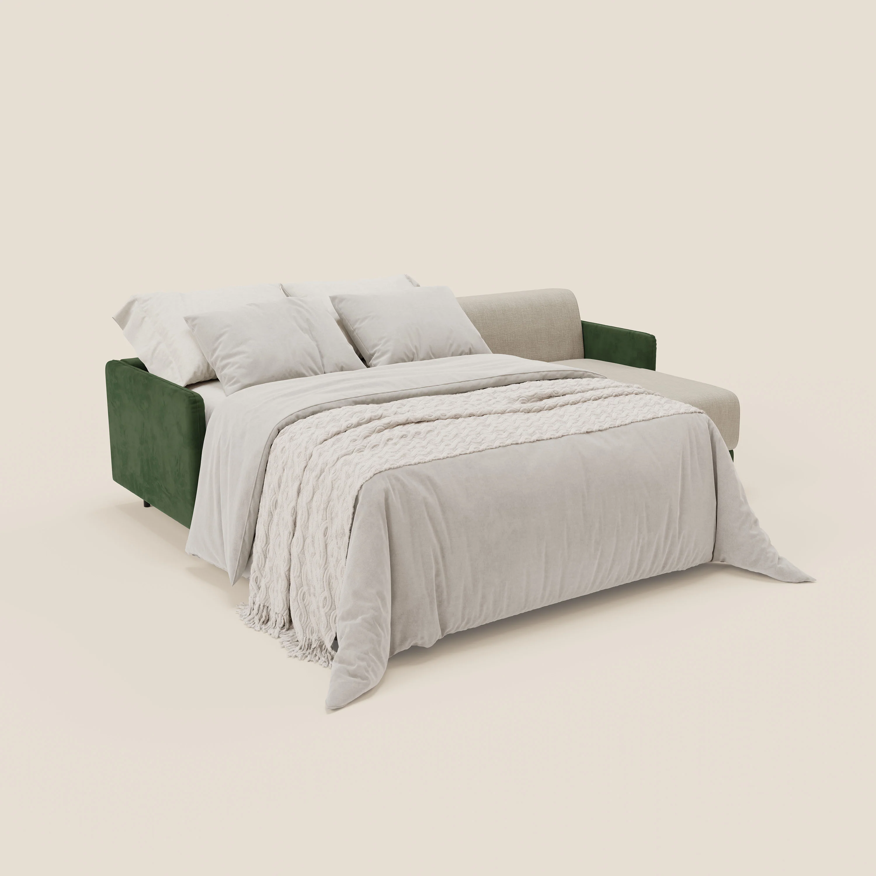 Narciso canapé d'angle convertible avec matelas H18 cm et chaise longue coffre en tissu bicouleur T11 et T06 vert - crème - Image 2