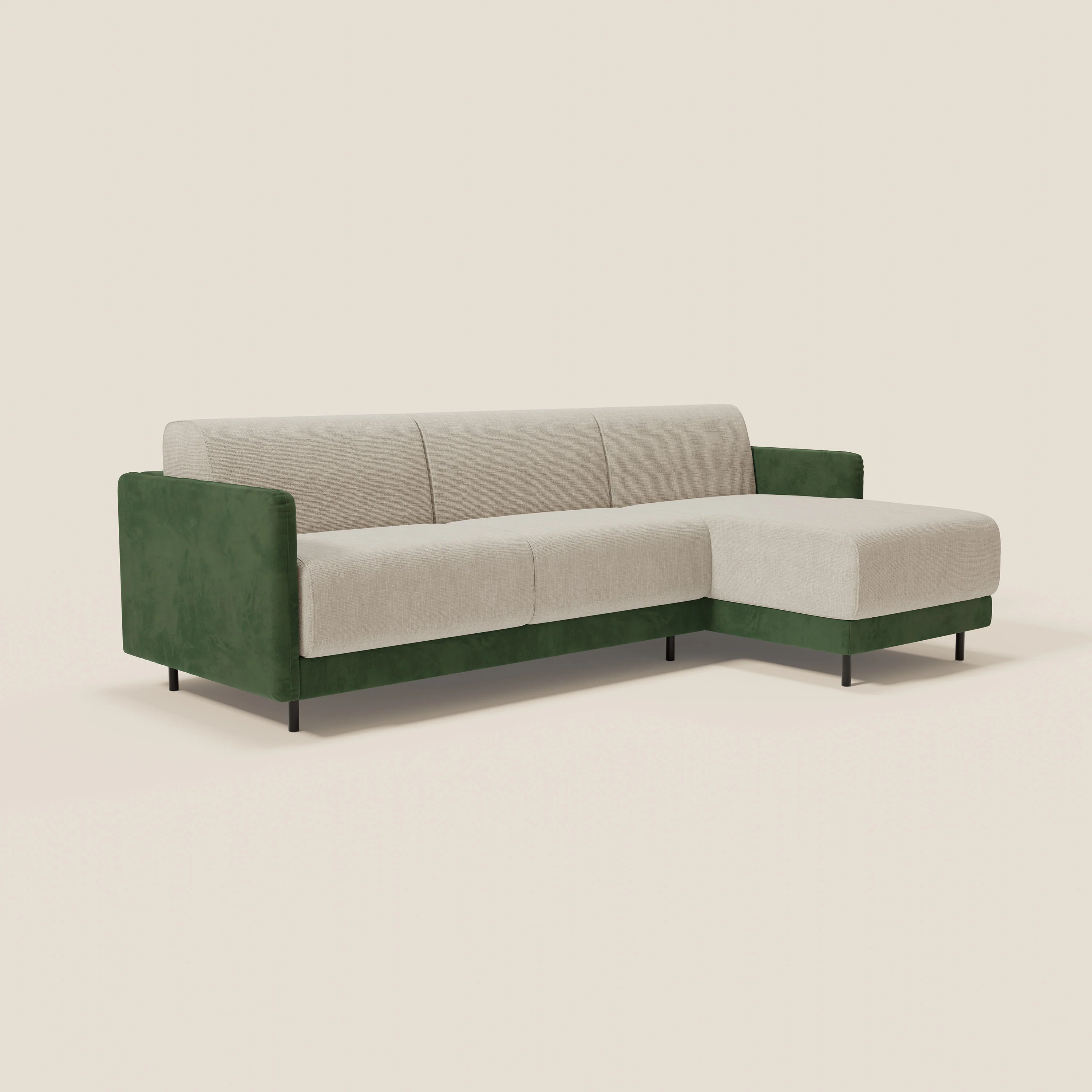 Narciso canapé d'angle convertible avec matelas H18 cm et chaise longue coffre en tissu bicouleur T11 et T06 vert - crème - Image 3