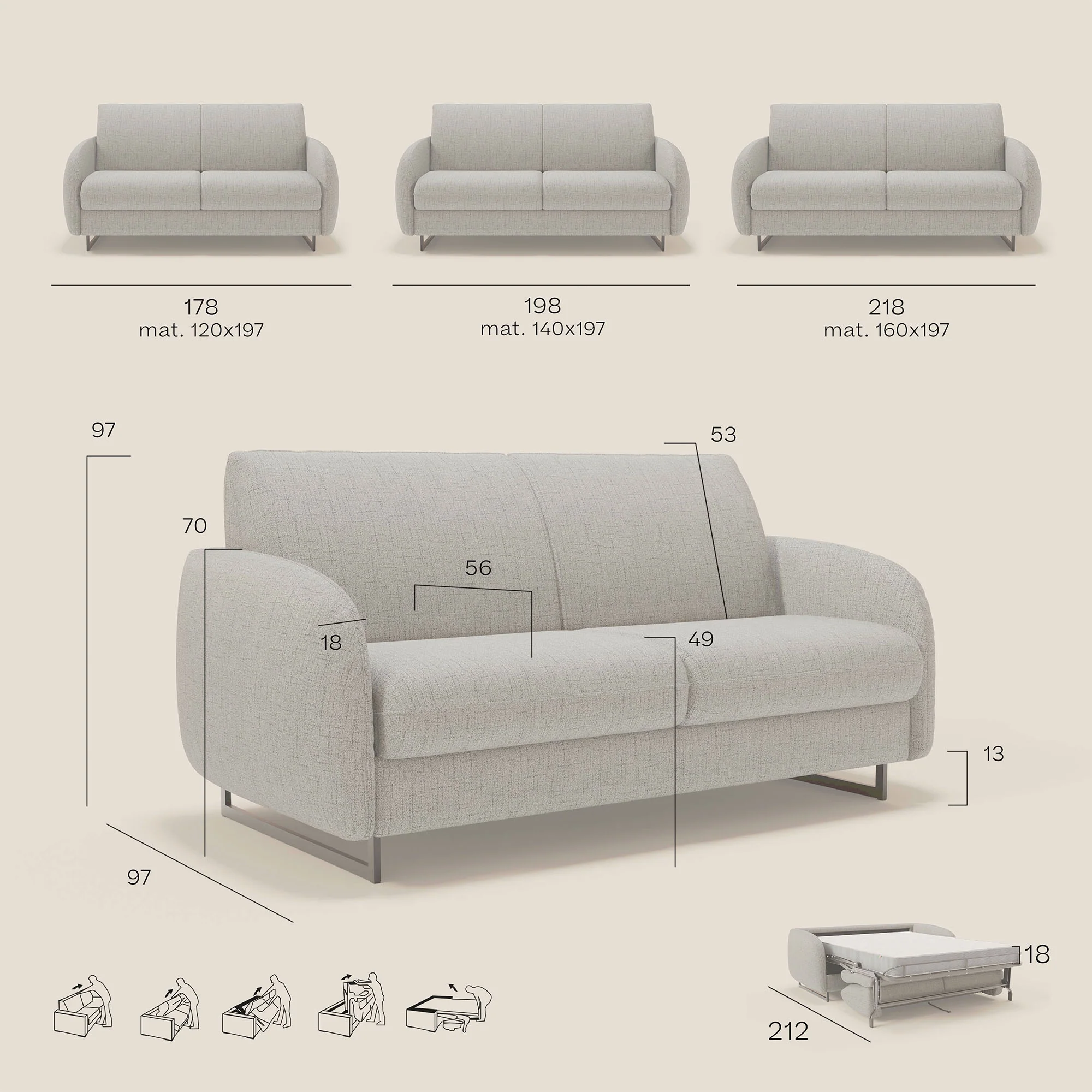 Ninfea Canapé convertible de design avec pieds hauts en métal et matelas H18 cm en tissu imperméable T03 bleu ciel - Image 13