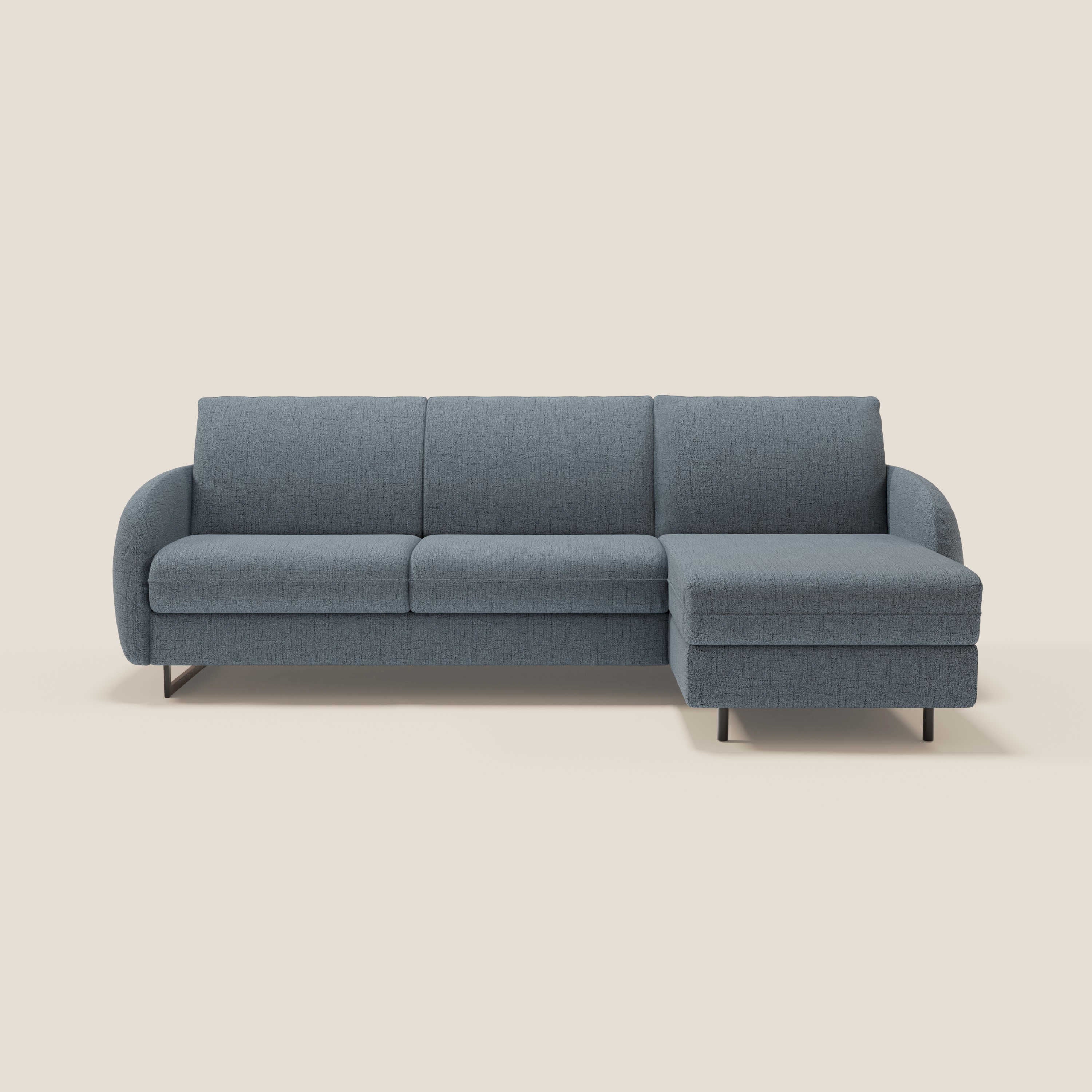 Ninfea Canapé d'angle convertible avec chaise longue coffre, matelas H18 cm et pieds en métal en tissu imperméable T03 bleu