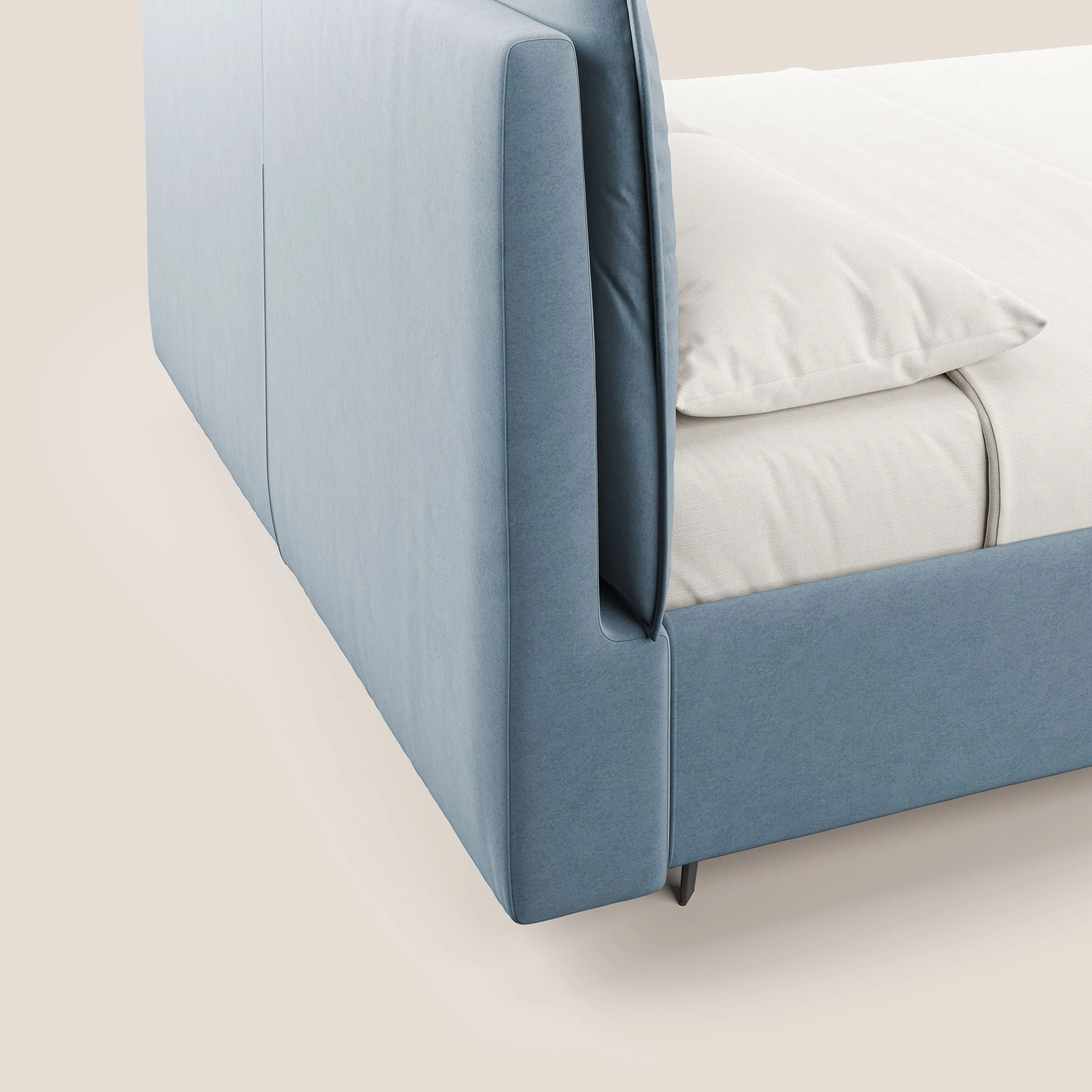 Nives lit rembourré avec coffre déhoussable en microfibre velours imperméable T09 bleu gris - Image 4