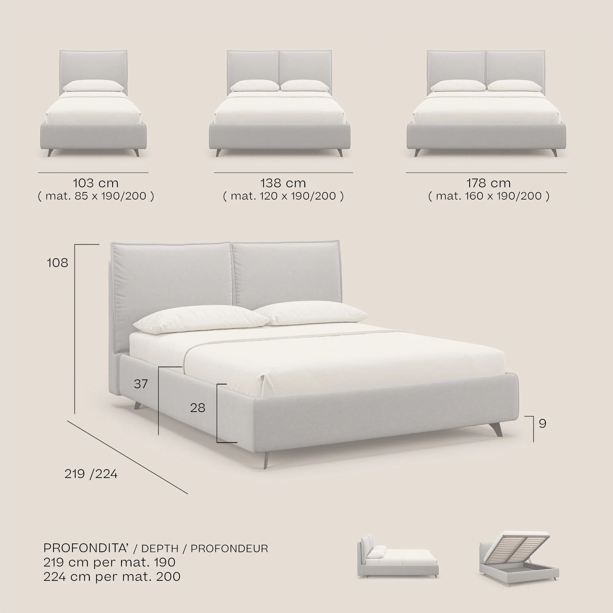 Nives lit rembourré avec coffre déhoussable en microfibre velours imperméable T09 Taupe tortora - Image 9
