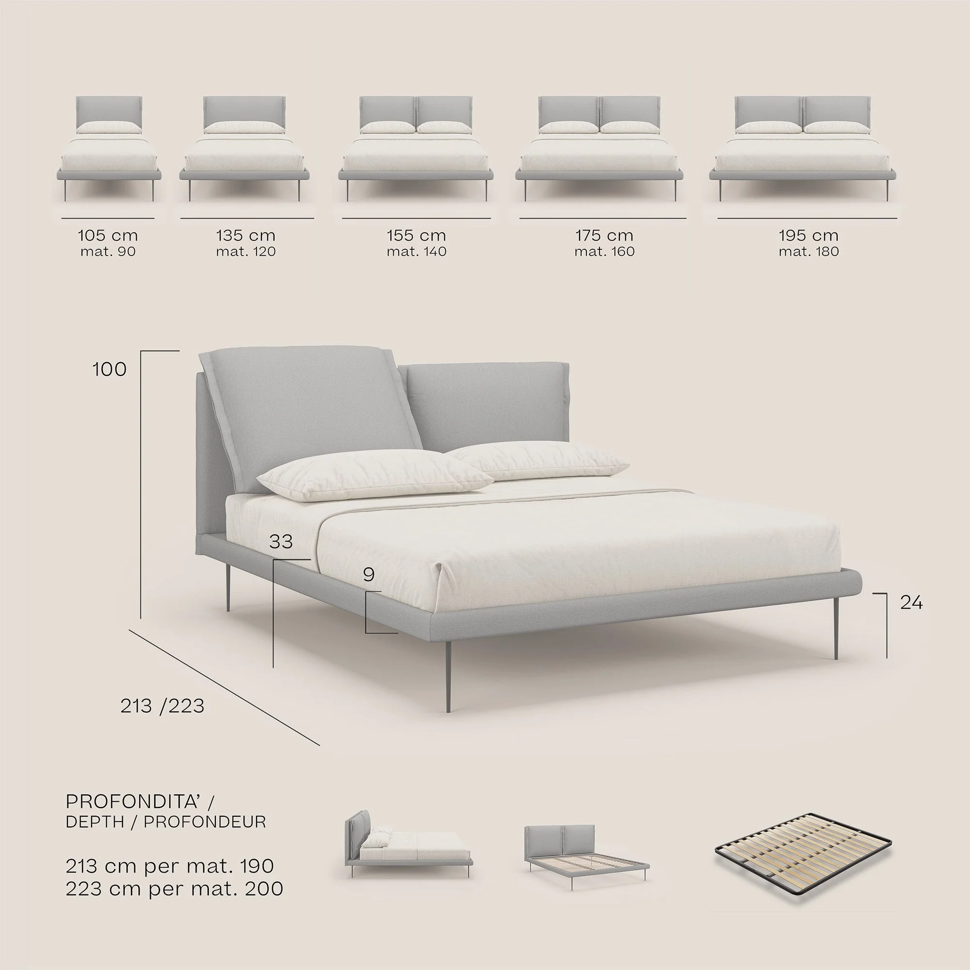 Noah lit avec coussins réglables et pieds hauts en métal en tissu détachable T05 beige - Image 10