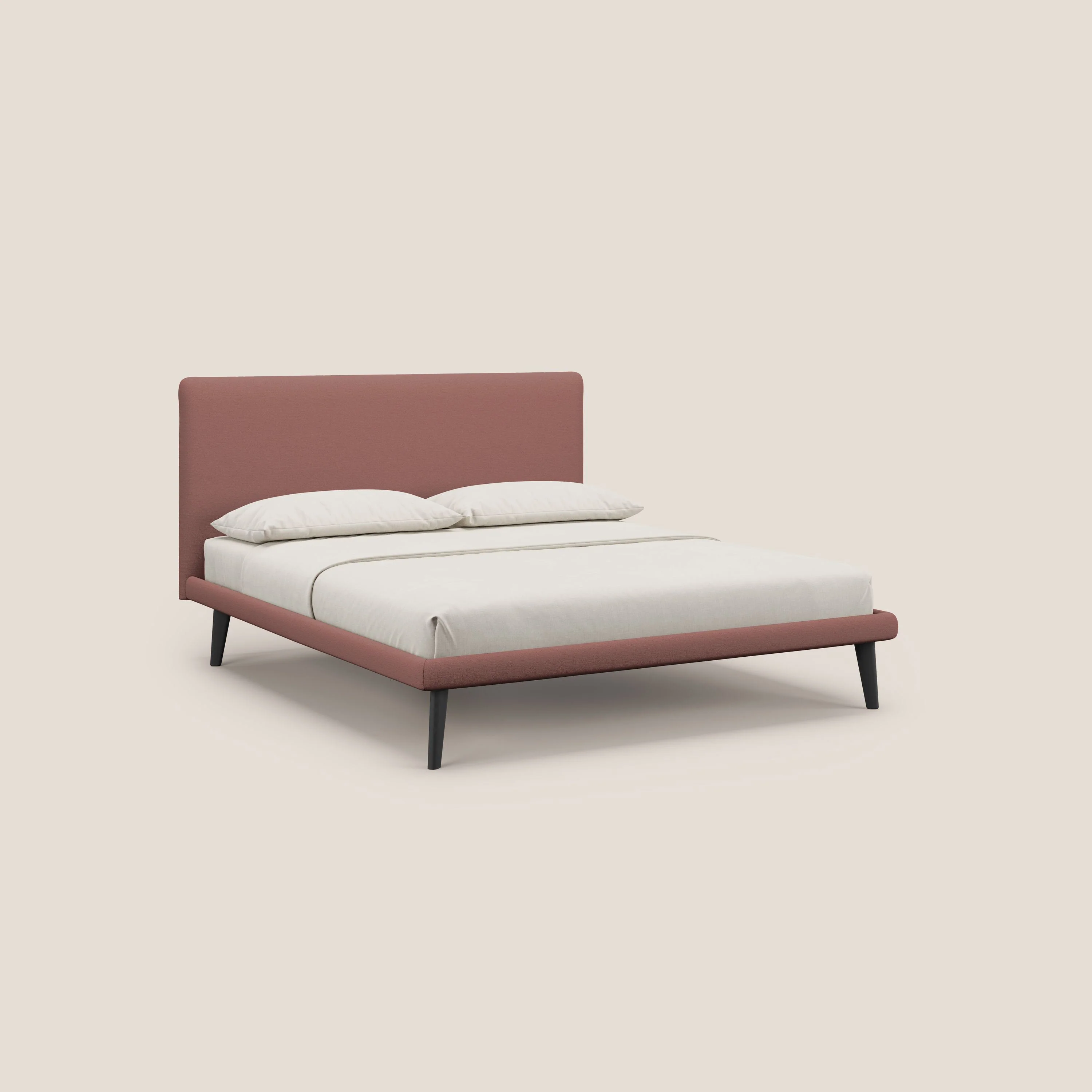 Noel lit minimaliste scandinave avec pieds foncés et tissu flammé imperméable T19 saumon