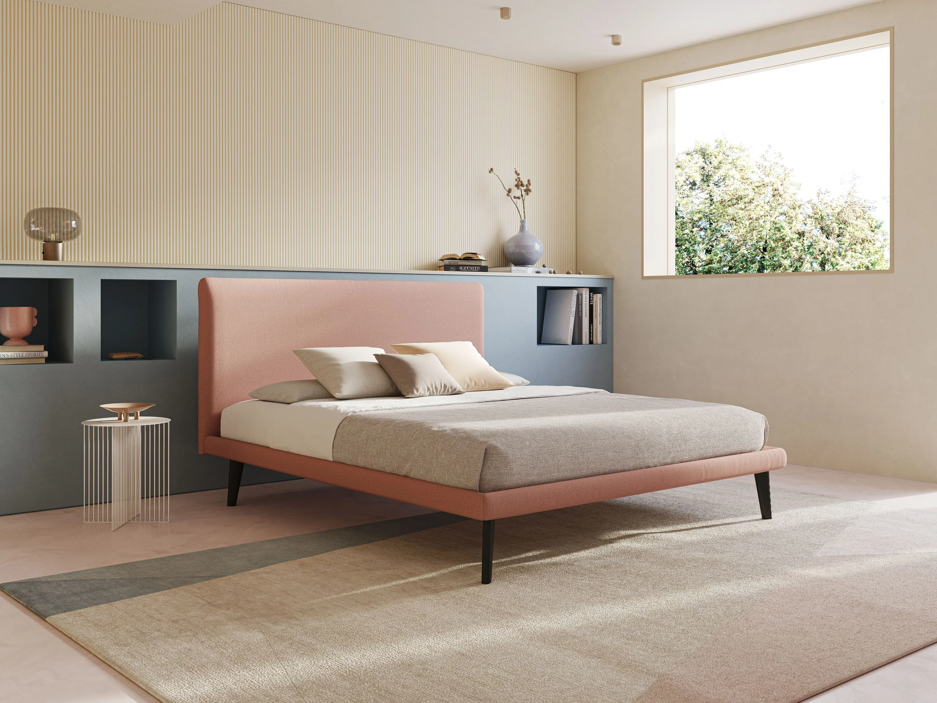 Noel lit minimaliste scandinave avec pieds foncés et tissu flammé imperméable T19 saumon - Image 3