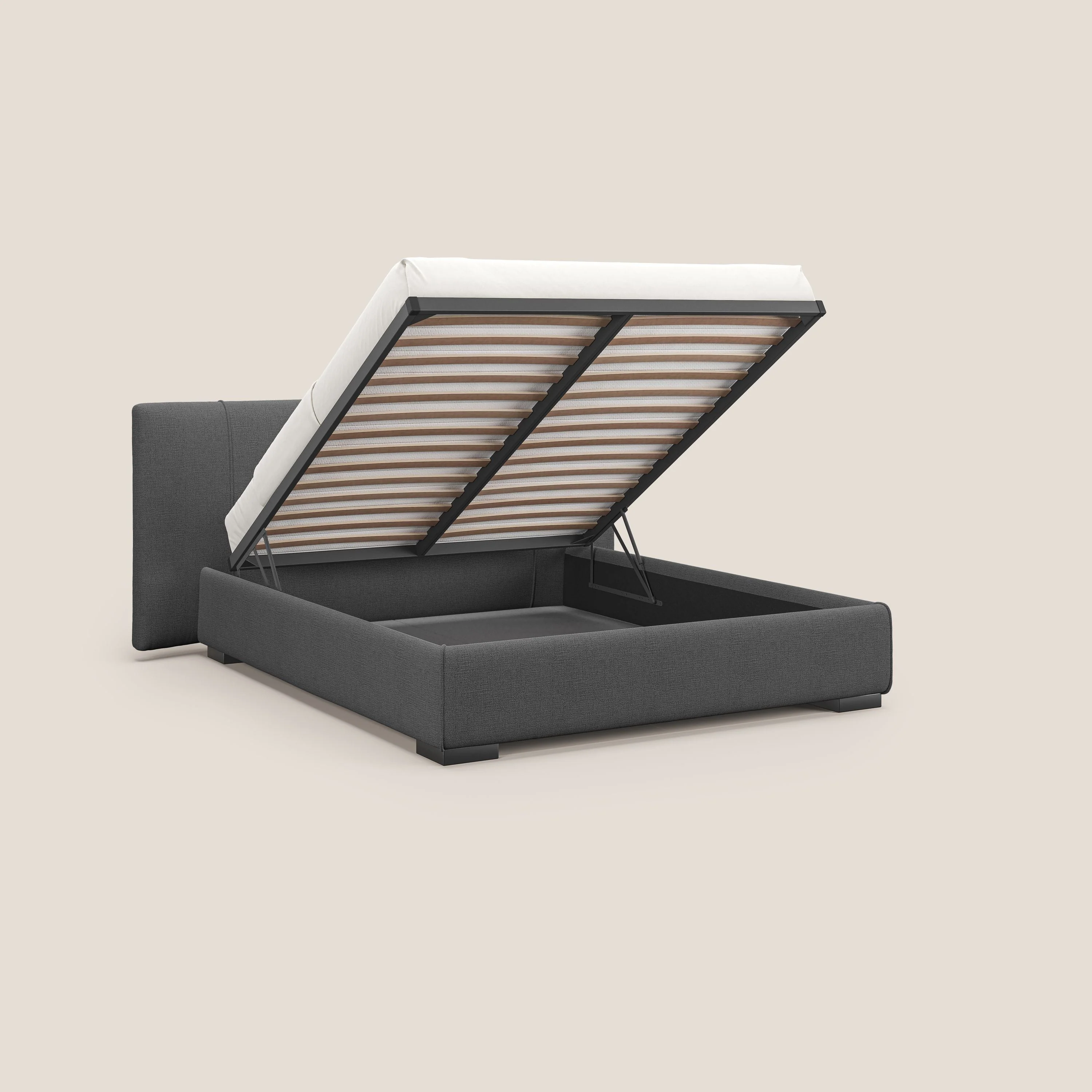 Omero lit avec coffre rembourré déhoussable en tissu flammé imperméable T14 gris - Image 2
