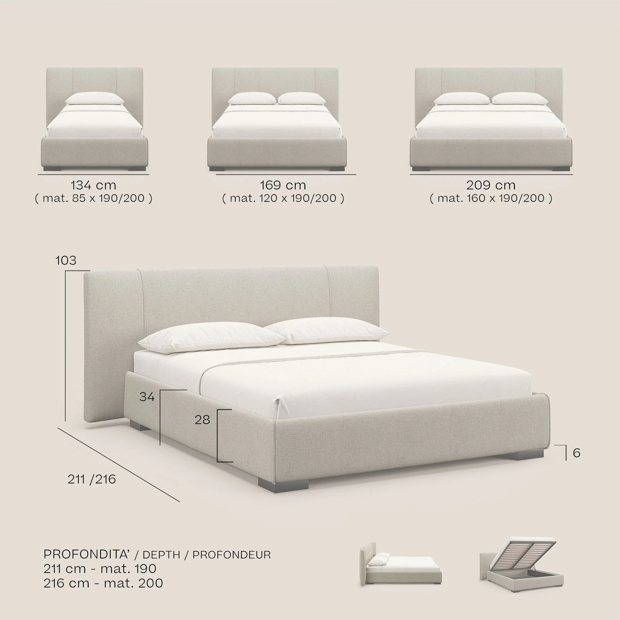 Omero lit avec coffre rembourré déhoussable en tissu flammé imperméable T14 gris clair - Image 9
