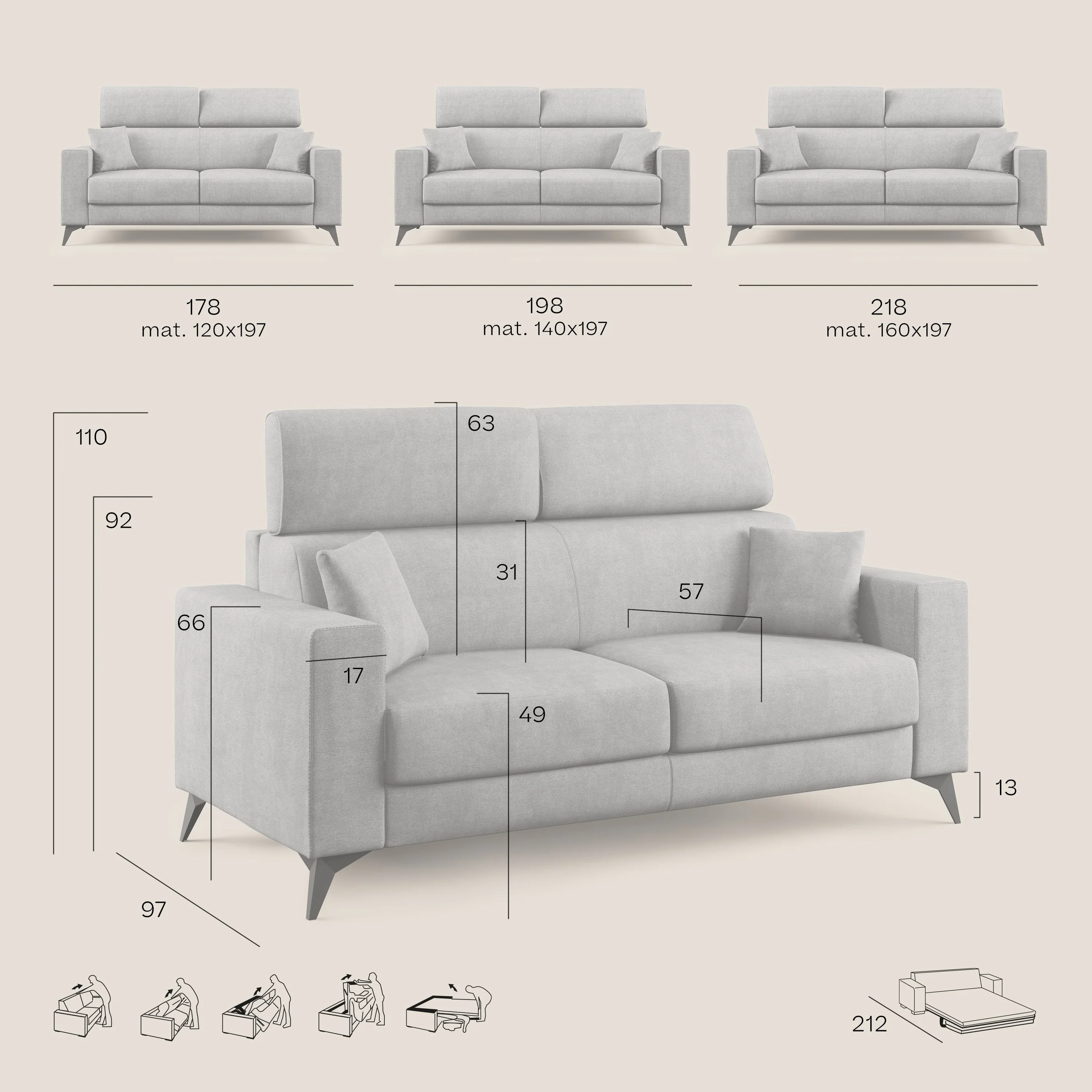 Pegaso canapé convertible avec têtières inclinables en tissu doux imperméable T02 sucre glace - Image 10