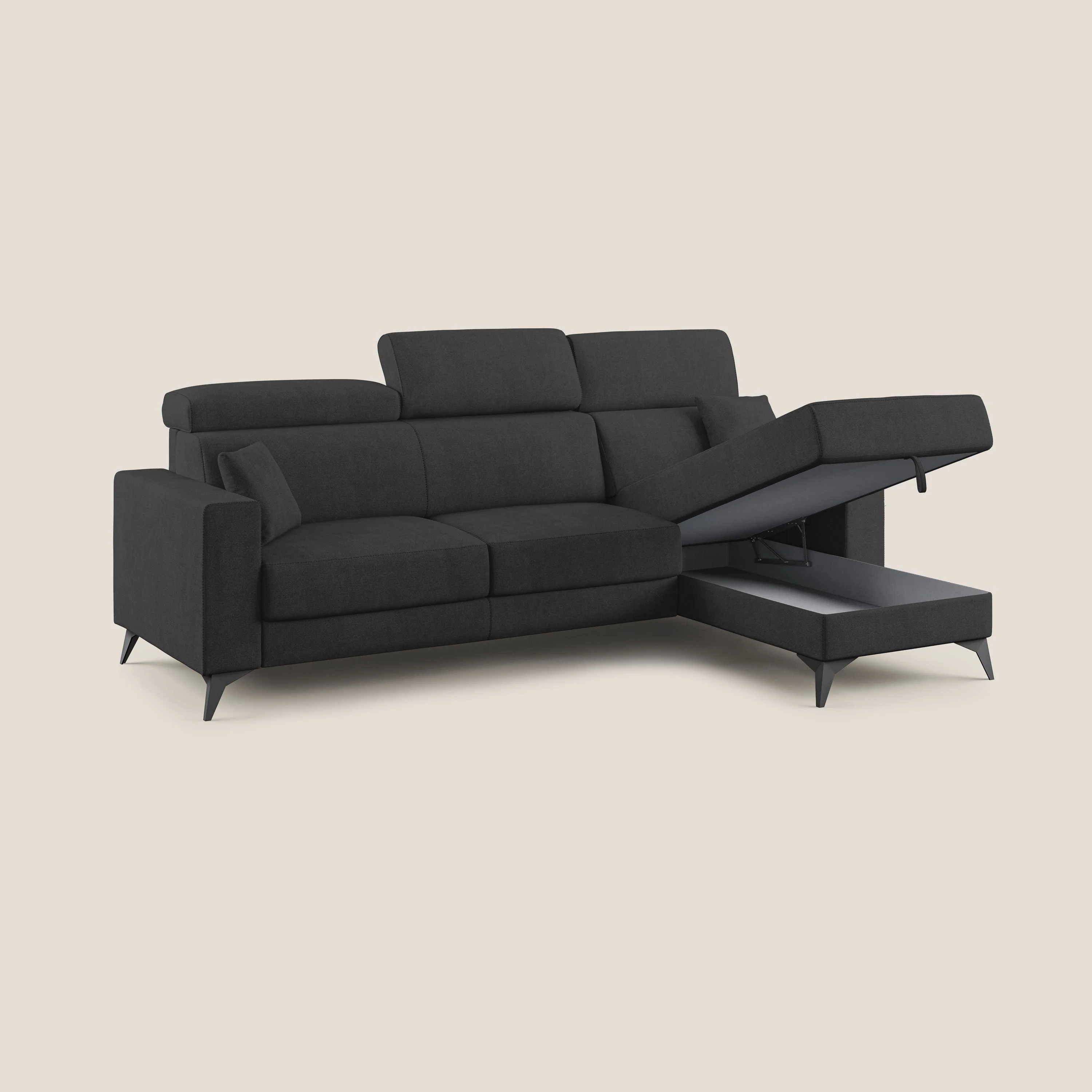 Pegaso canapé convertible d'angle avec têtières inclinables en tissu doux imperméable T02 noir - Image 2