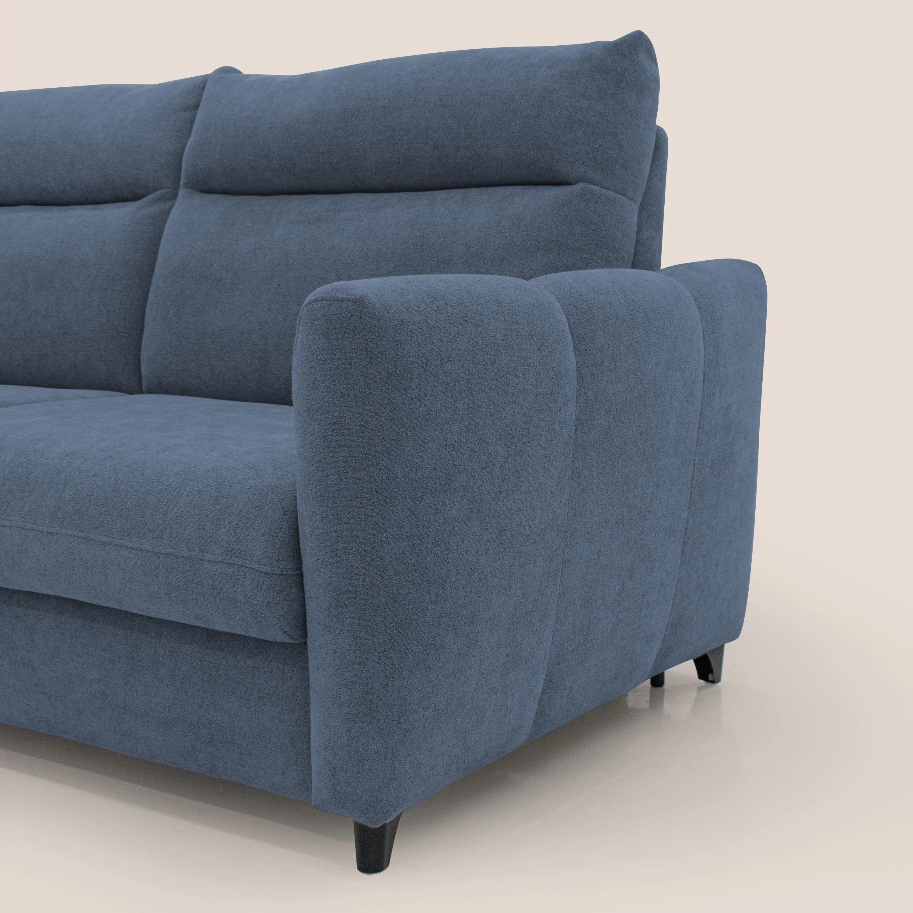 Peonia canapé convertible scandinave avec matelas H 18cm et dossier haut en bouclette imperméable T07 bleu - Image 5