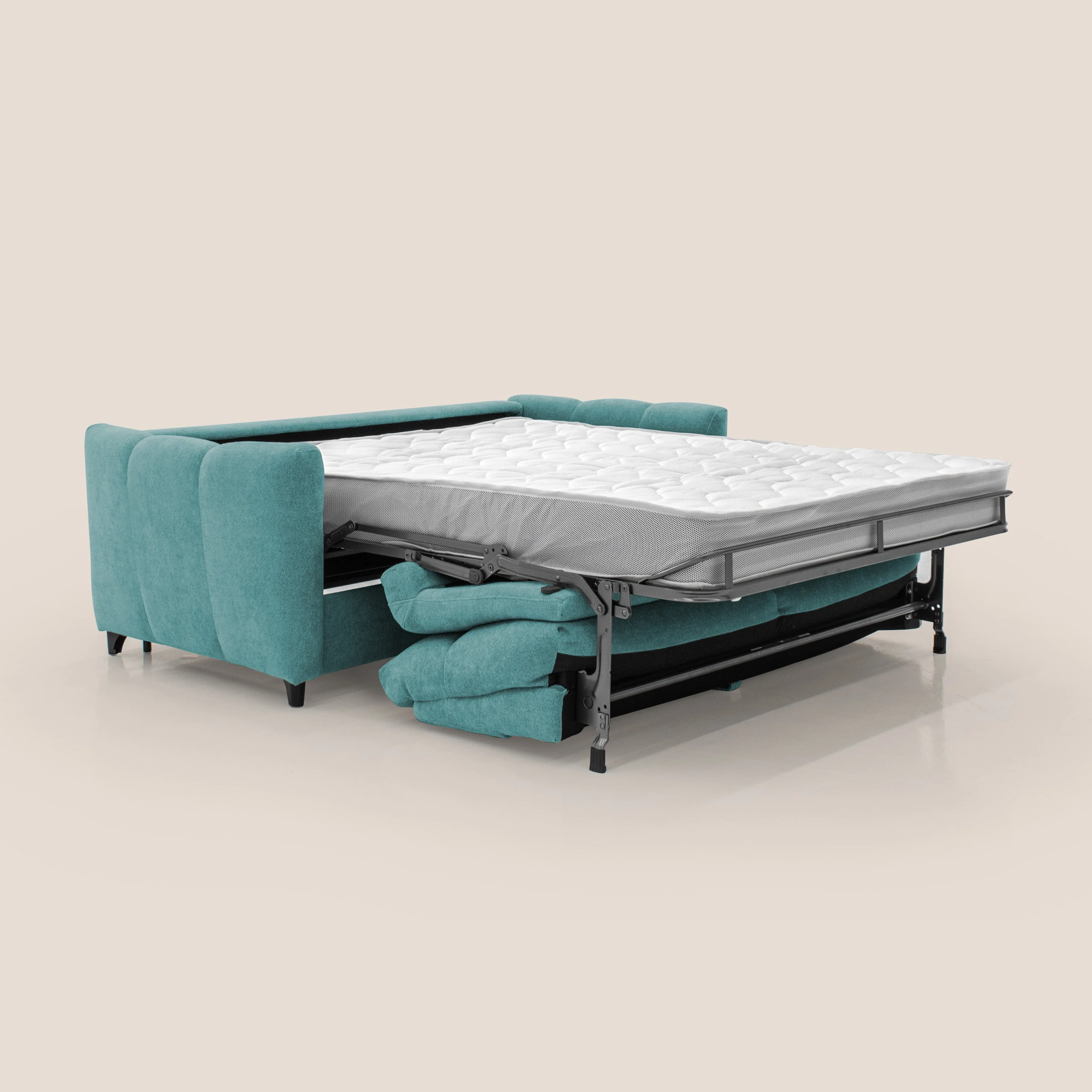Peonia canapé convertible scandinave avec matelas H 18cm et dossier haut en bouclette imperméable T07 bleu ciel - Image 2