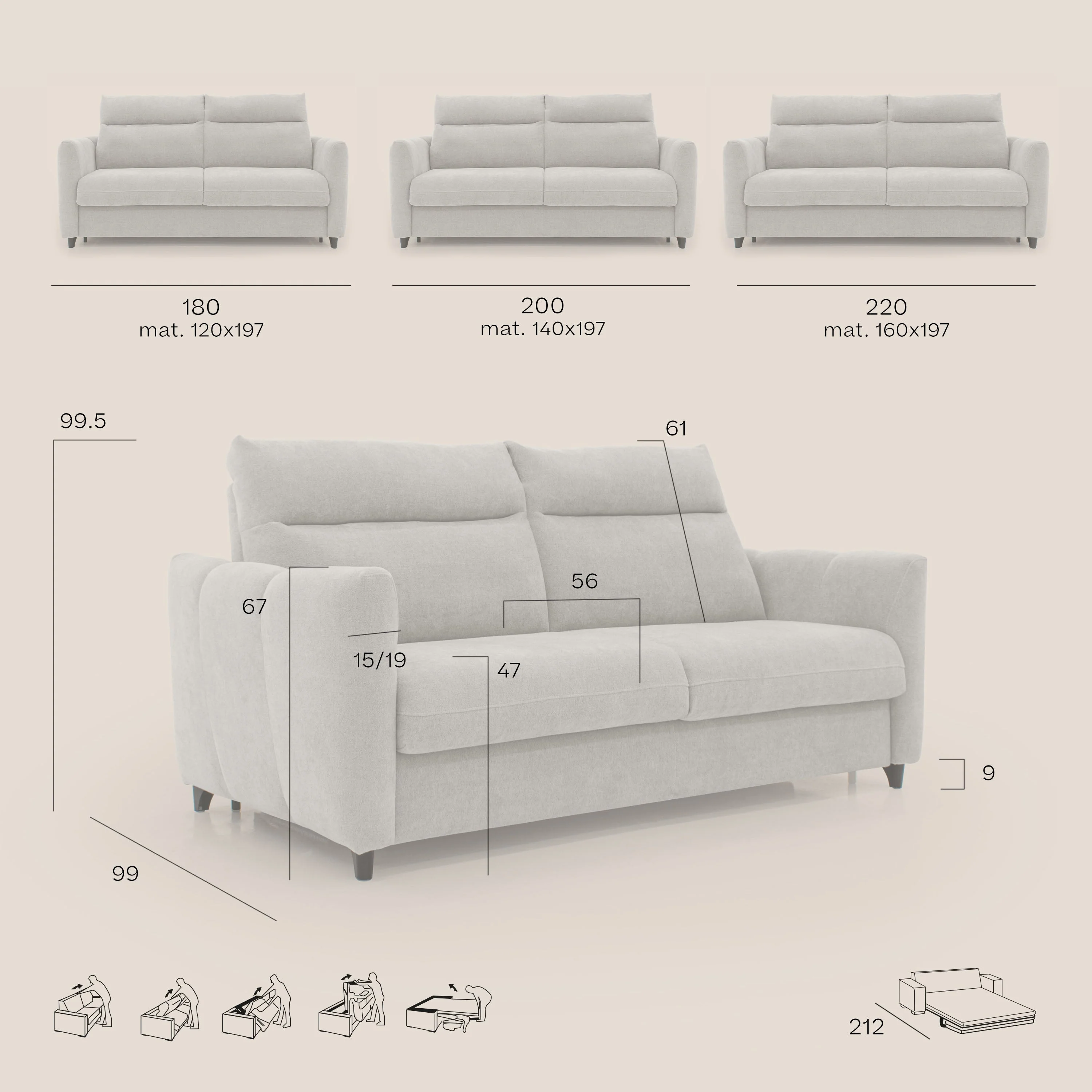 Peonia canapé convertible scandinave avec matelas H 18cm et dossier haut en bouclette imperméable T07 vert - Image 11