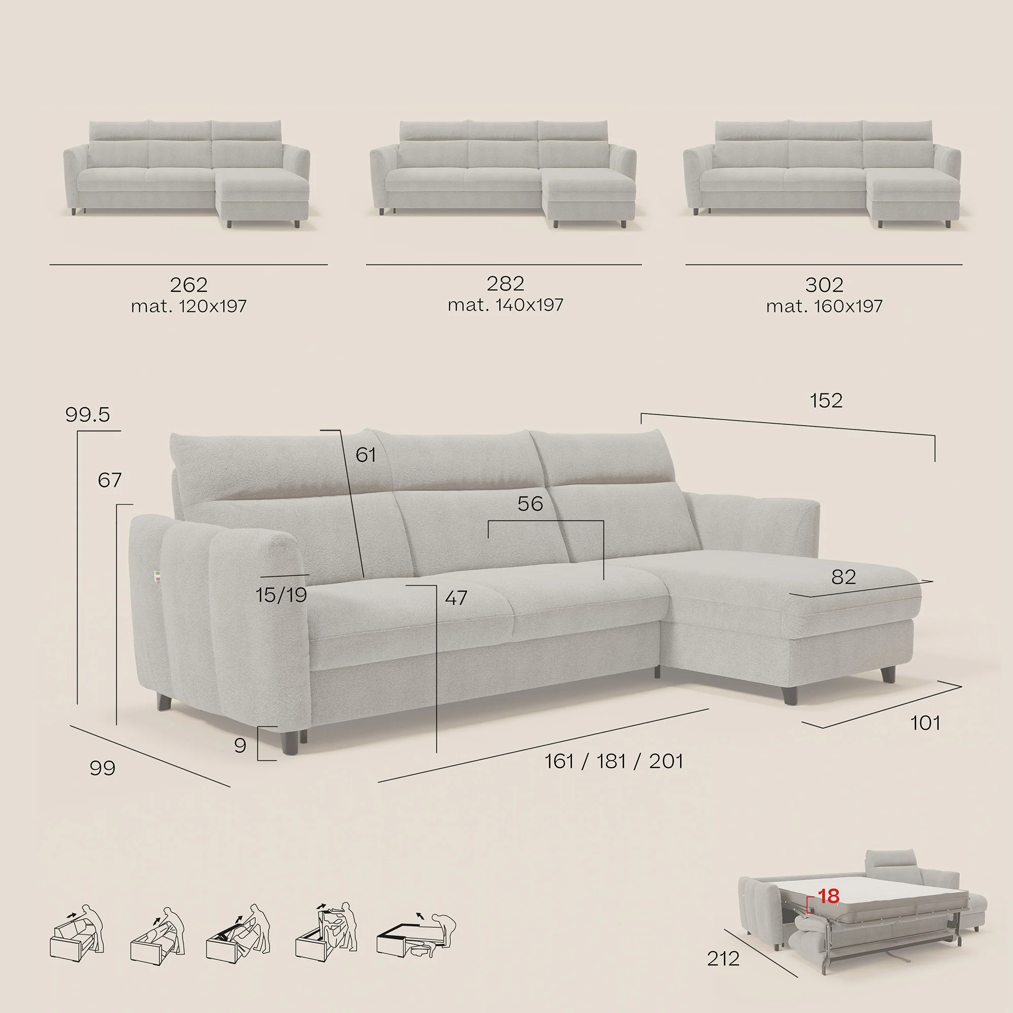 Peonia canapé d'angle convertible avec matelas H18 et chaise longue coffre en bouclette imperméable T07 rose - Image 14