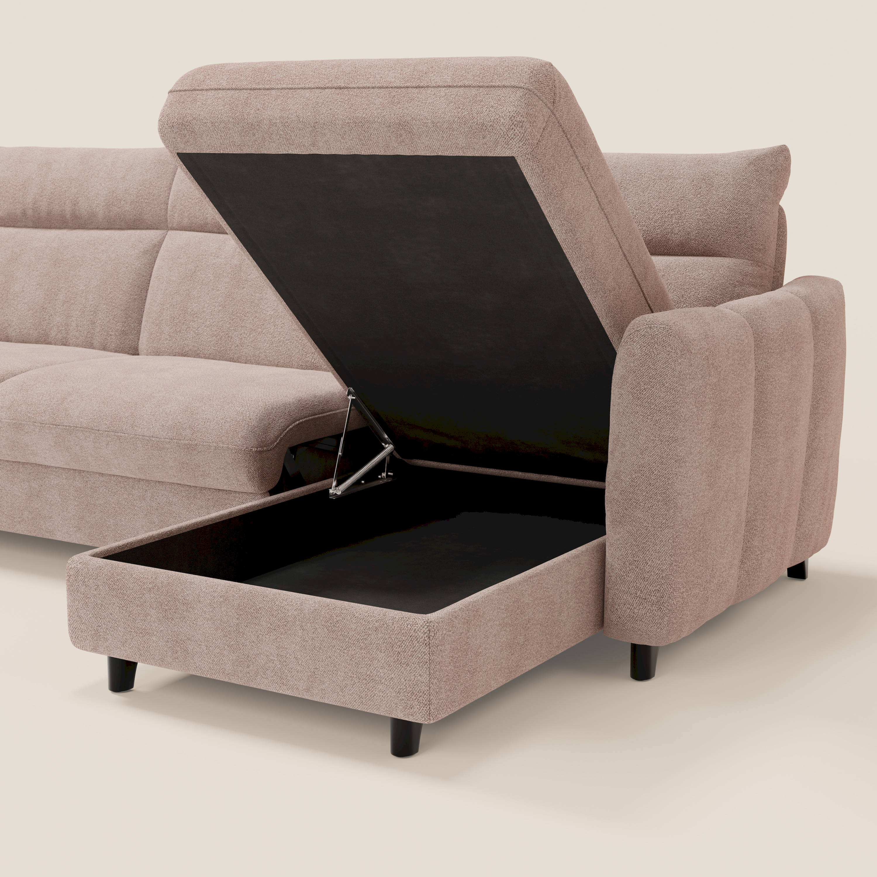 Peonia canapé d'angle convertible avec matelas H18 et chaise longue coffre en bouclette imperméable T07 rose - Image 5