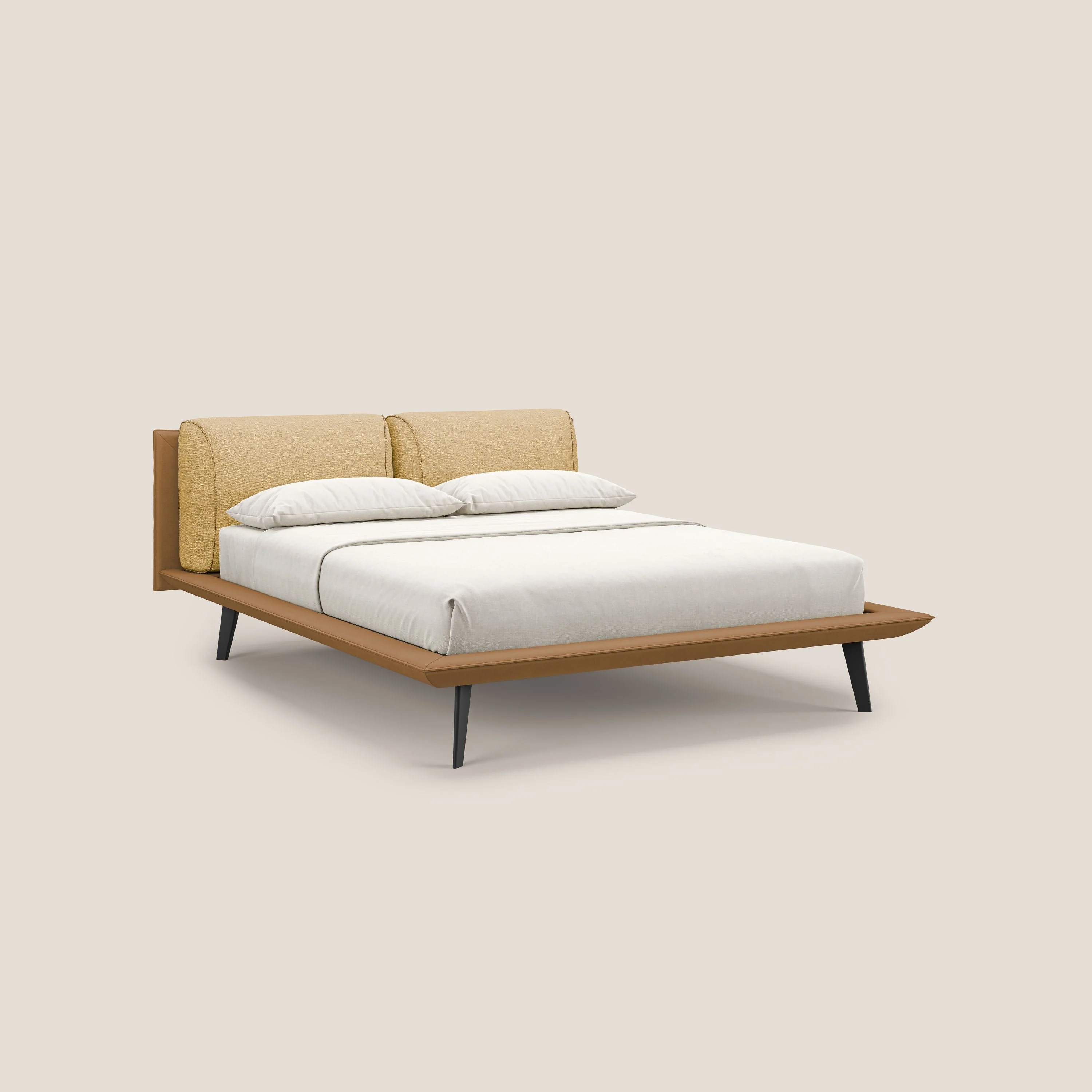 Petra lit design bicolore avec coussins en plumes, pieds foncés et tissu imperméable T11 et T06 cuir - jaune