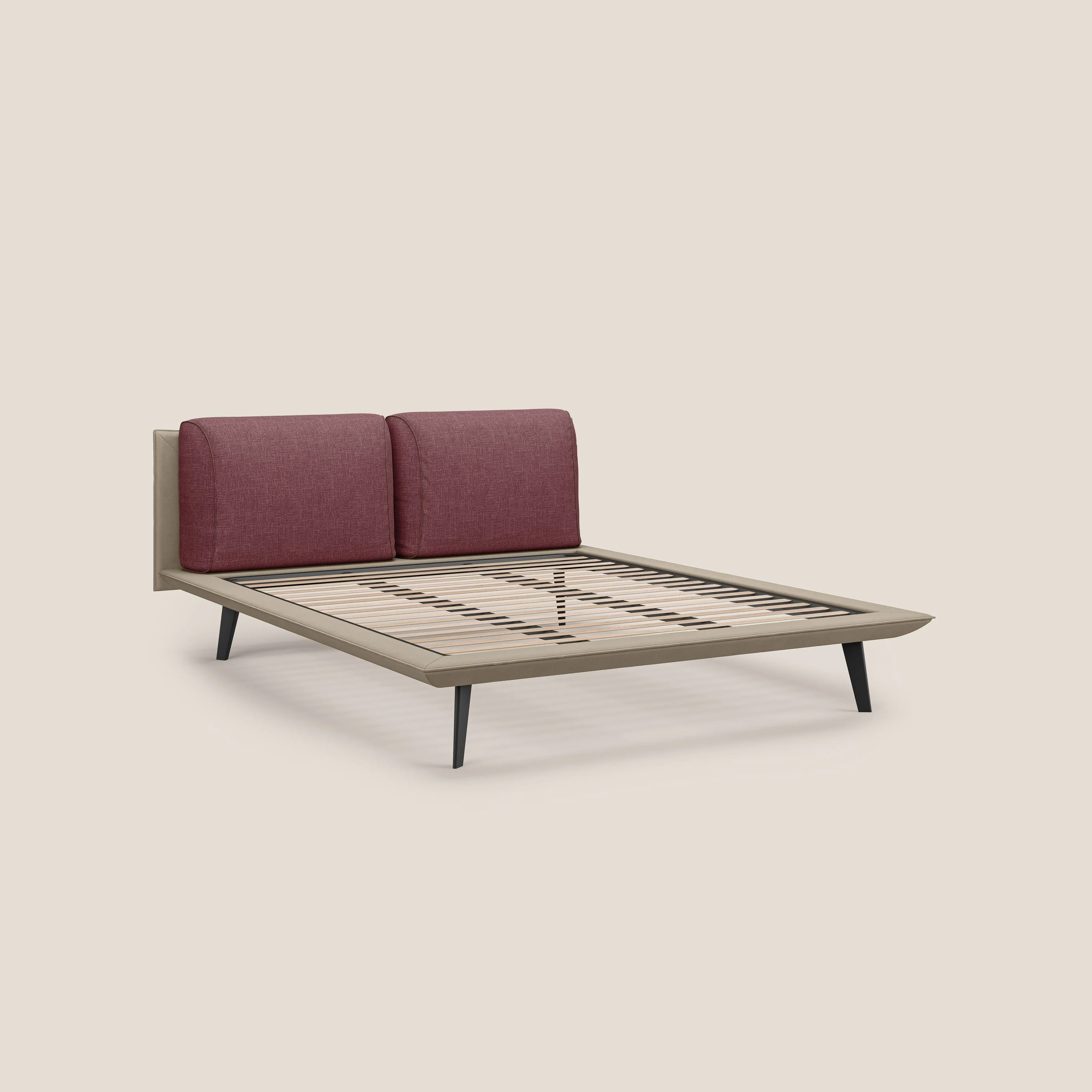 Petra lit design bicolore  avec coussins en plumes, pieds foncés et tissu imperméable T11 et T06 taupe - rouge - Image 7