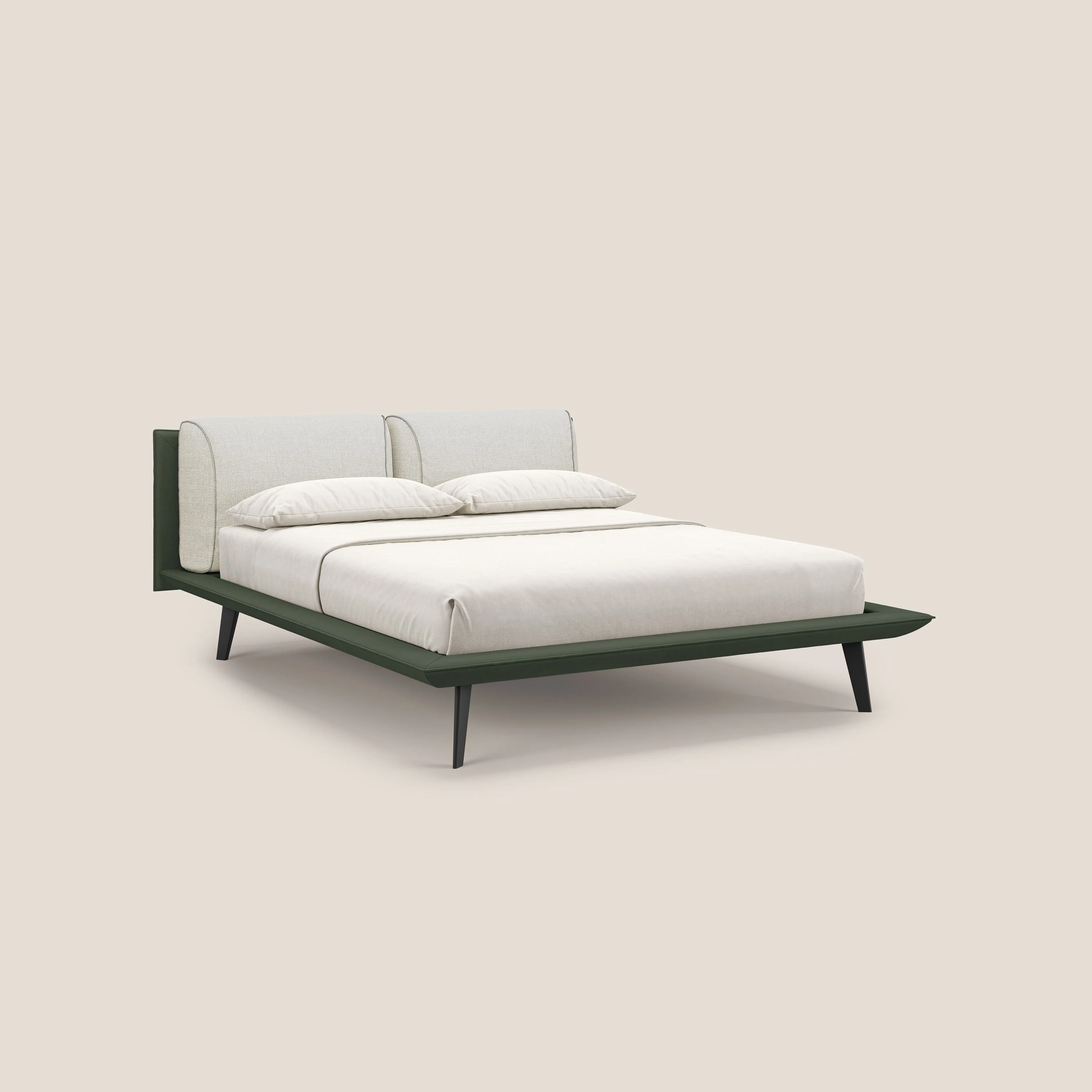 Petra lit design bicolore  avec coussins en plumes, pieds foncés et tissu imperméable T11 et T 06 vert - crème