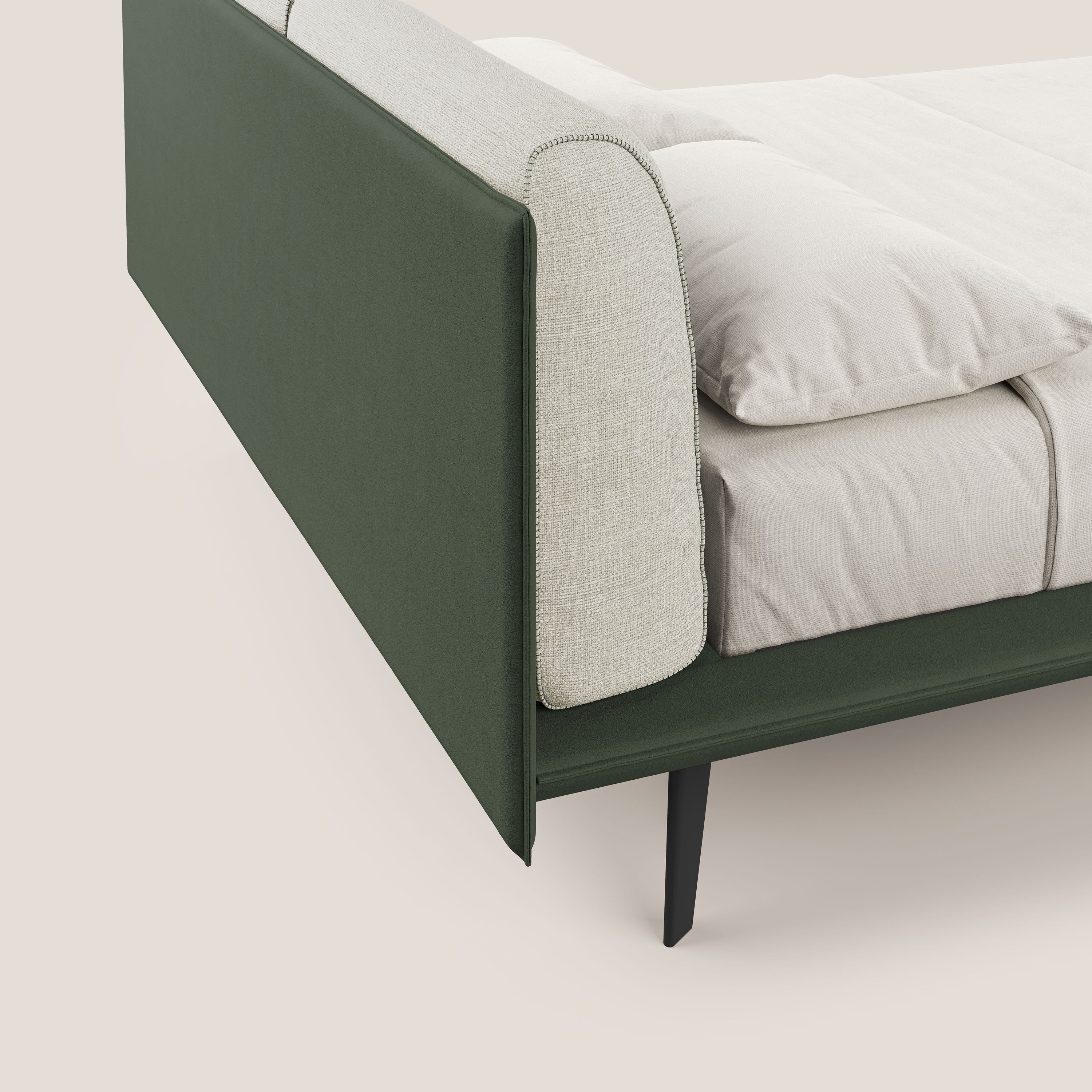 Petra lit design bicolore  avec coussins en plumes, pieds foncés et tissu imperméable T11 et T 06 vert - crème - Image 6