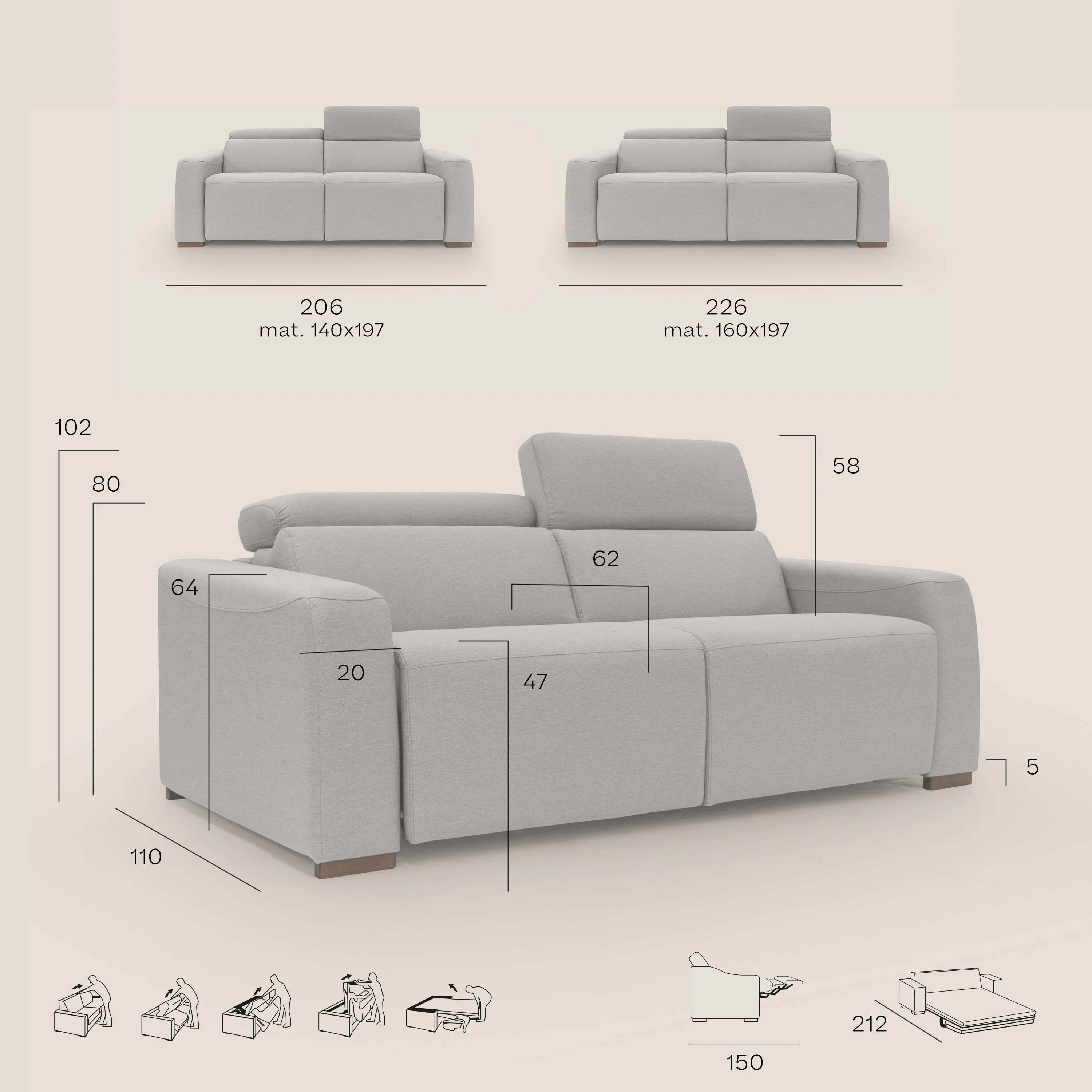 Poseidon canapé lit convertible + RELAX électrique en tissu imperméable détachable T05 chameau - Image 15