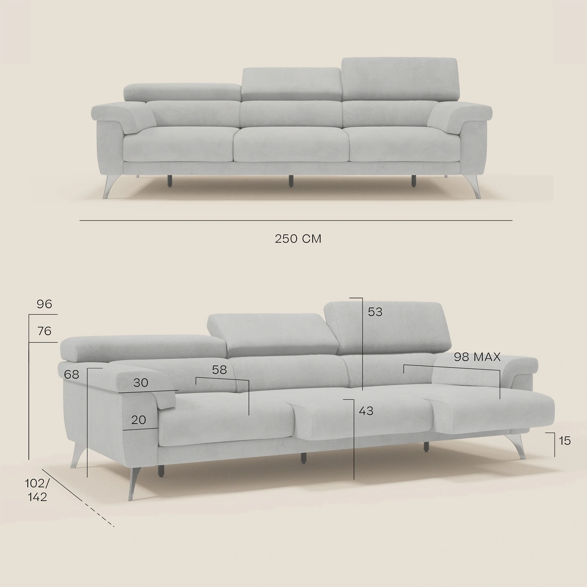 Raffaello Canapé avec 3 assises coulissantes et têtières inclinables en microfibre détachable T11 gris clair - Image 11