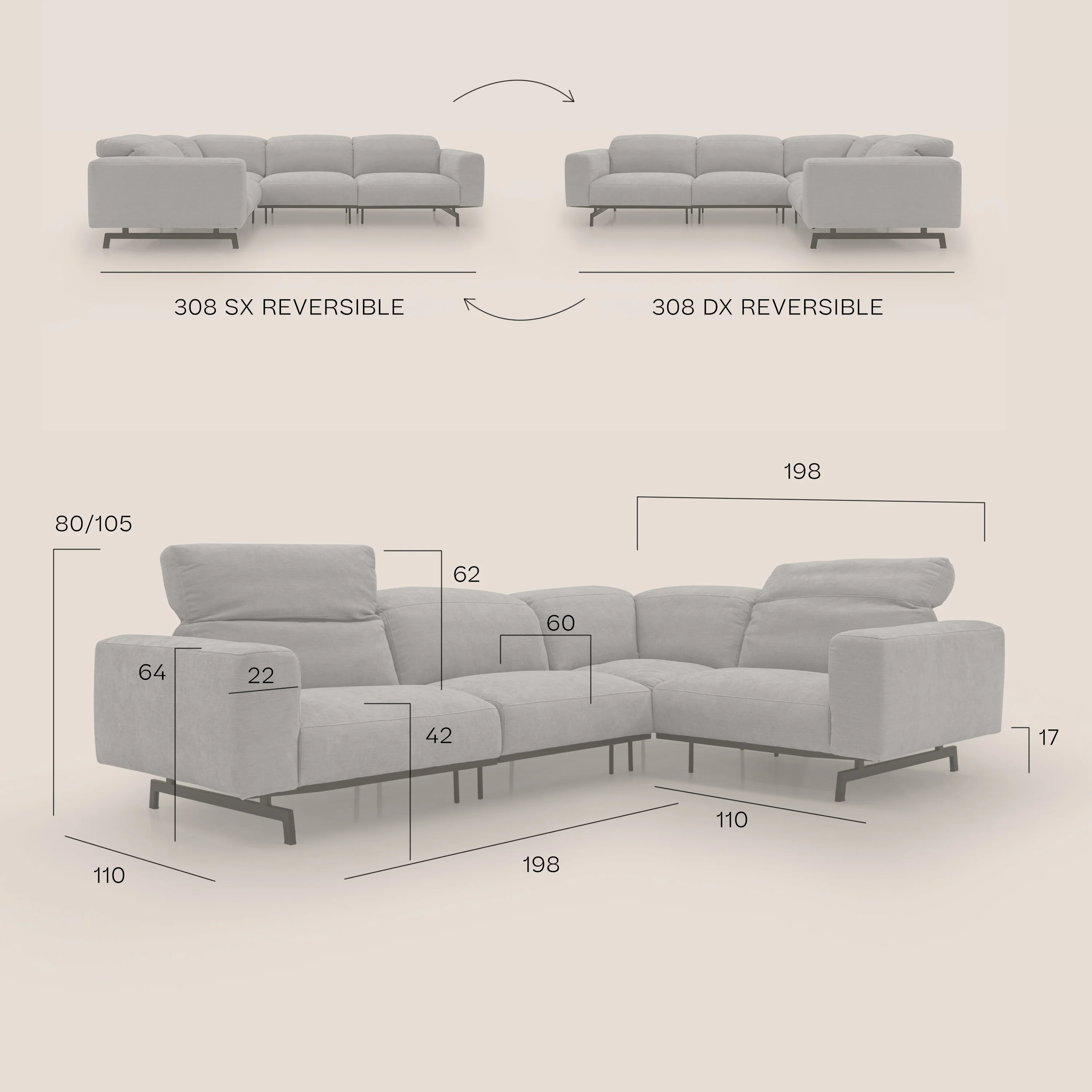 Sakura Canapé d'angle RÉVERSIBLE et modulable en tissu doux et imperméable T14 crème - Image 15