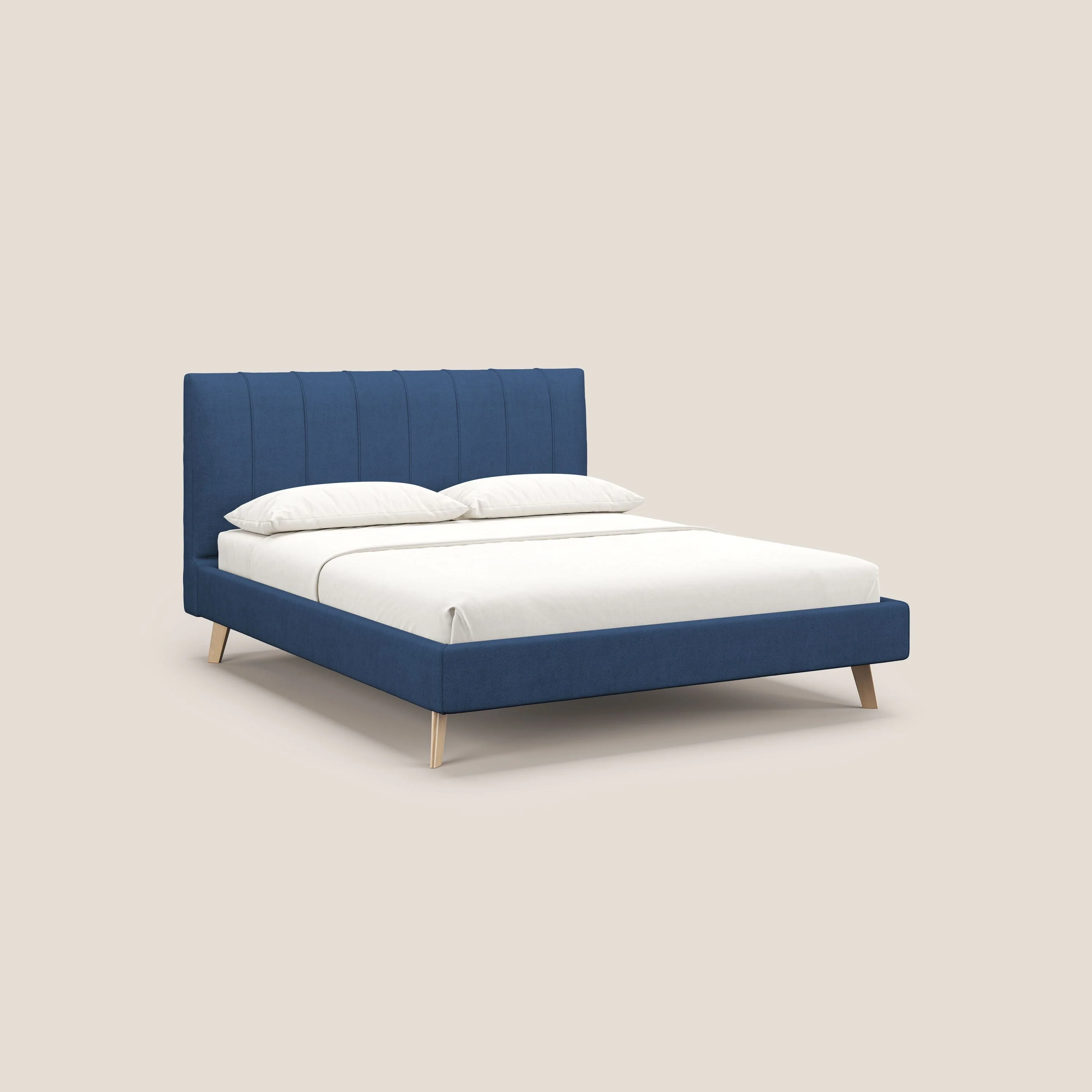 Selene lit rembourré avec pieds bois naturel déhoussable en tissu imperméable T02 bleu