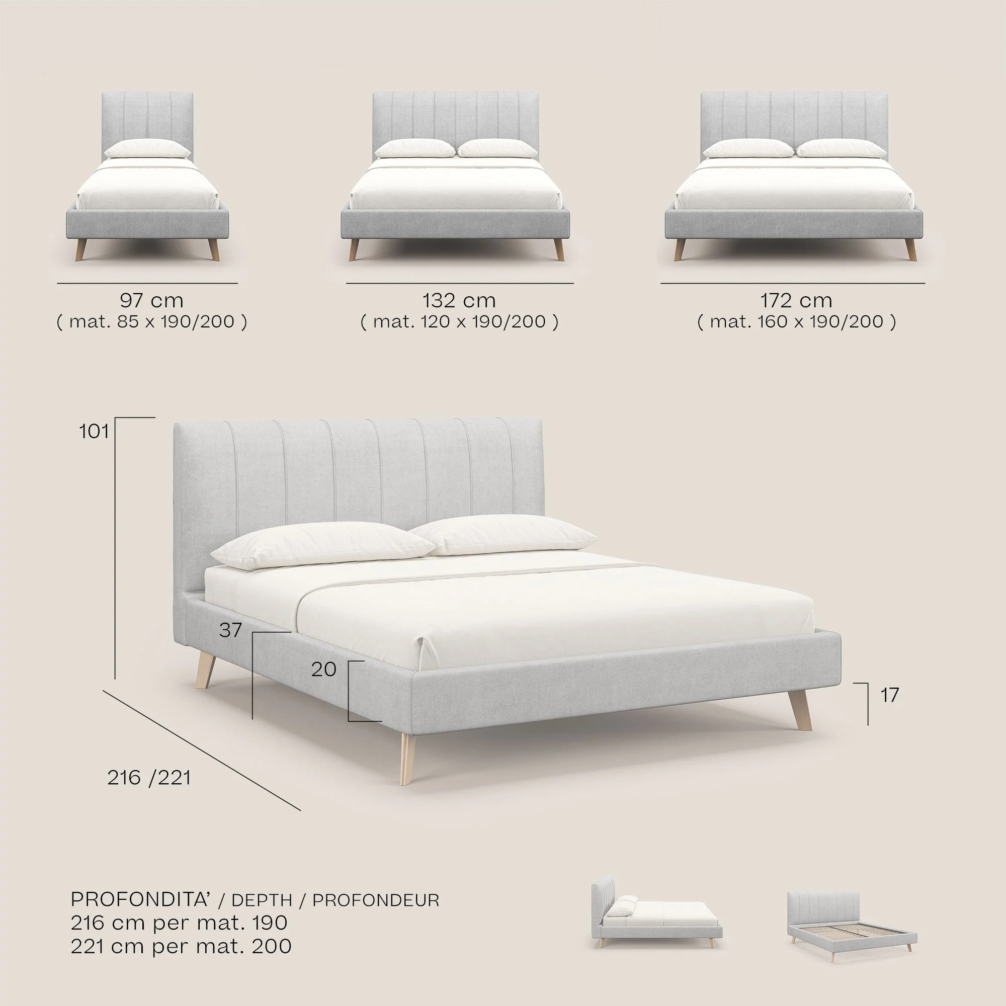 Selene lit rembourré avec pieds bois naturel déhoussable en tissu imperméable T02 bleu ciel - Image 9