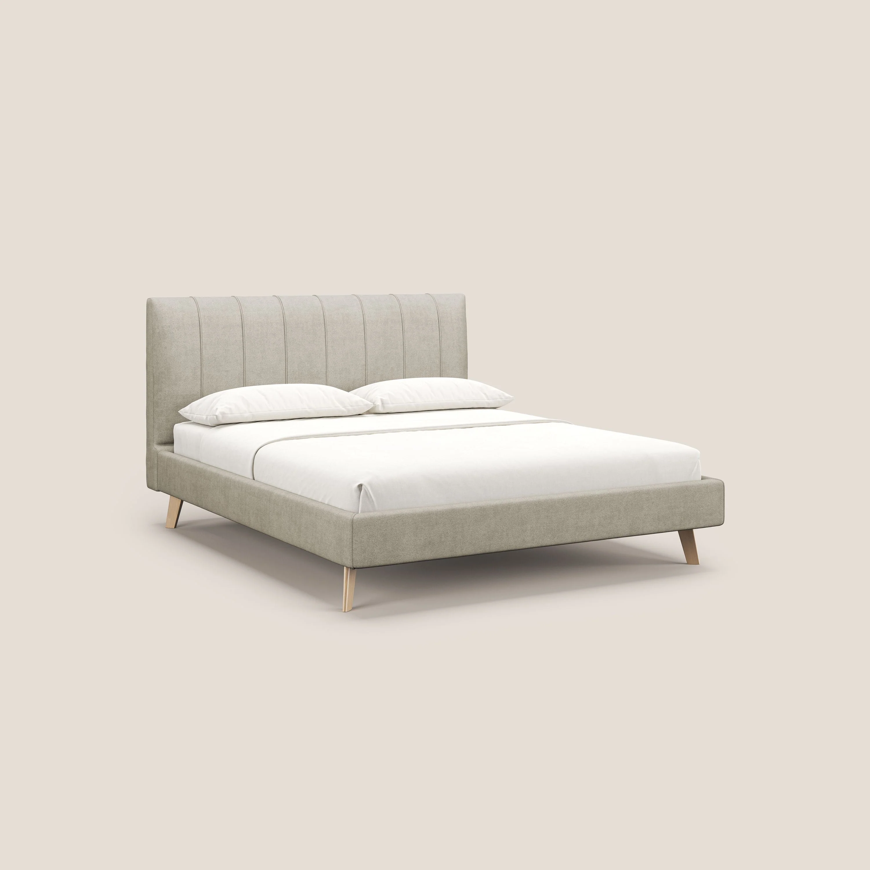 Selene lit rembourré avec pieds bois naturel déhoussable en tissu imperméable T02 crème